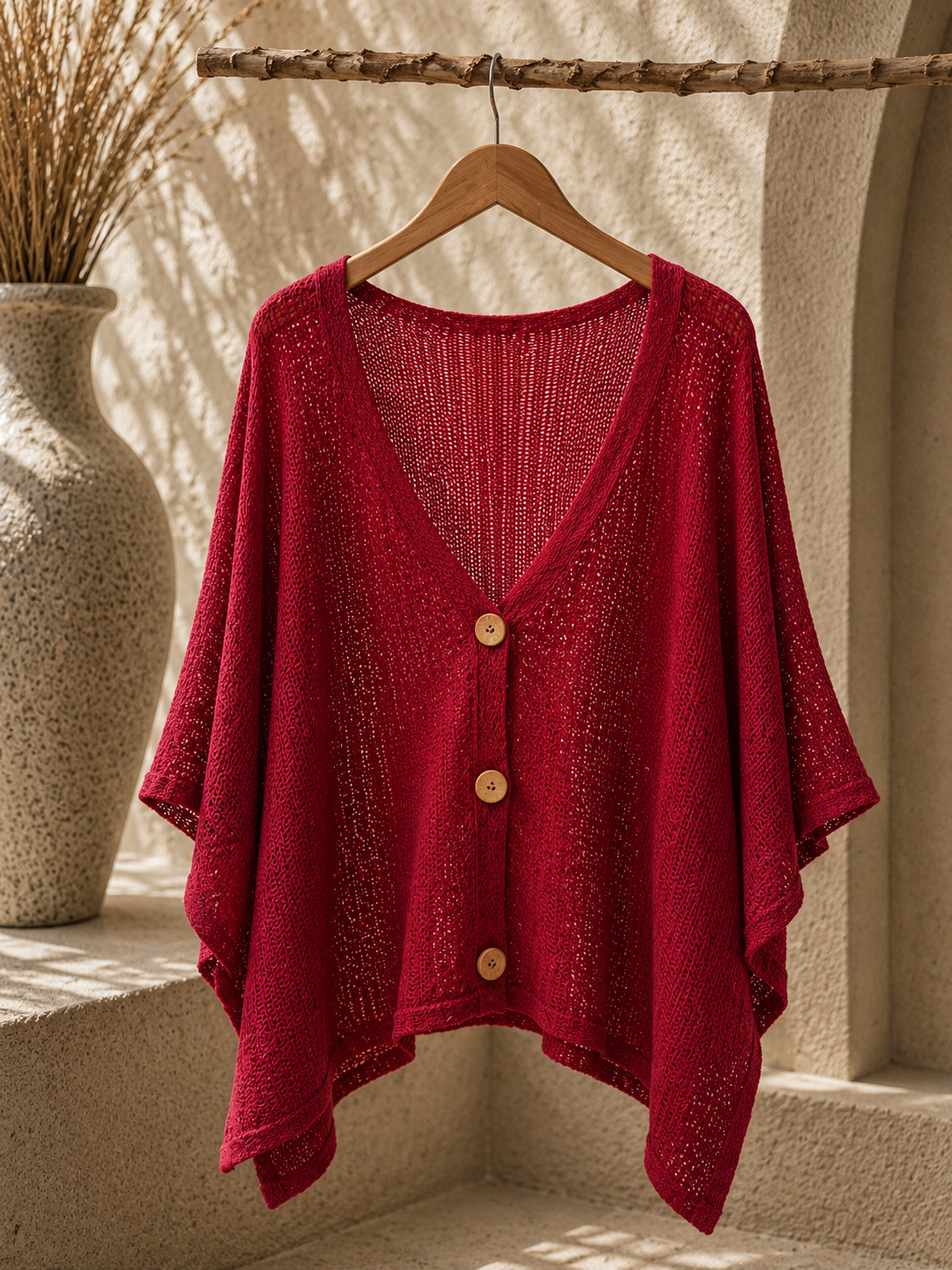 Cardigan Poncho Tricoté Ajouré Boutons Style Bois