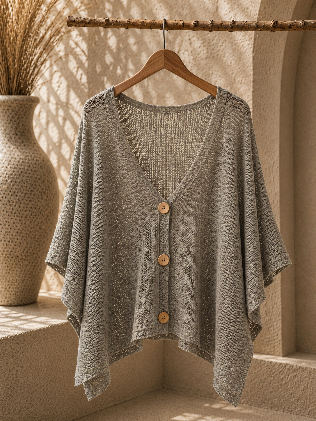 Cardigan Poncho Tricoté Ajouré Boutons Style Bois