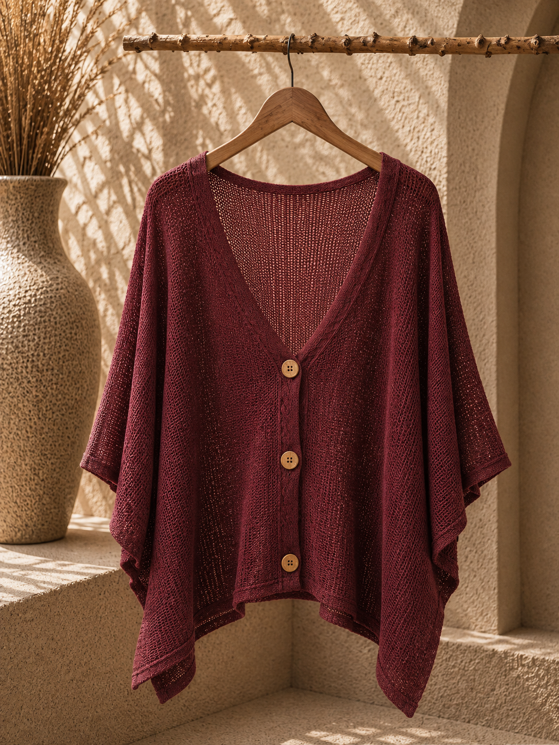 Cardigan Poncho Tricoté Ajouré Boutons Style Bois