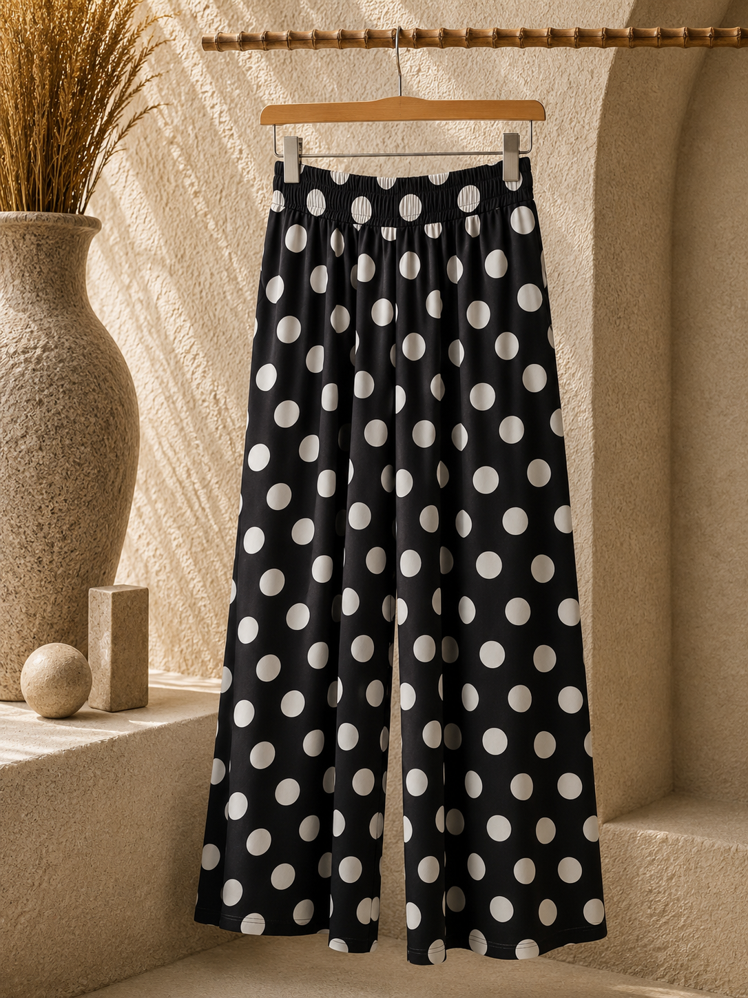 Pantalon Large à Pois Blancs Taille Smockée