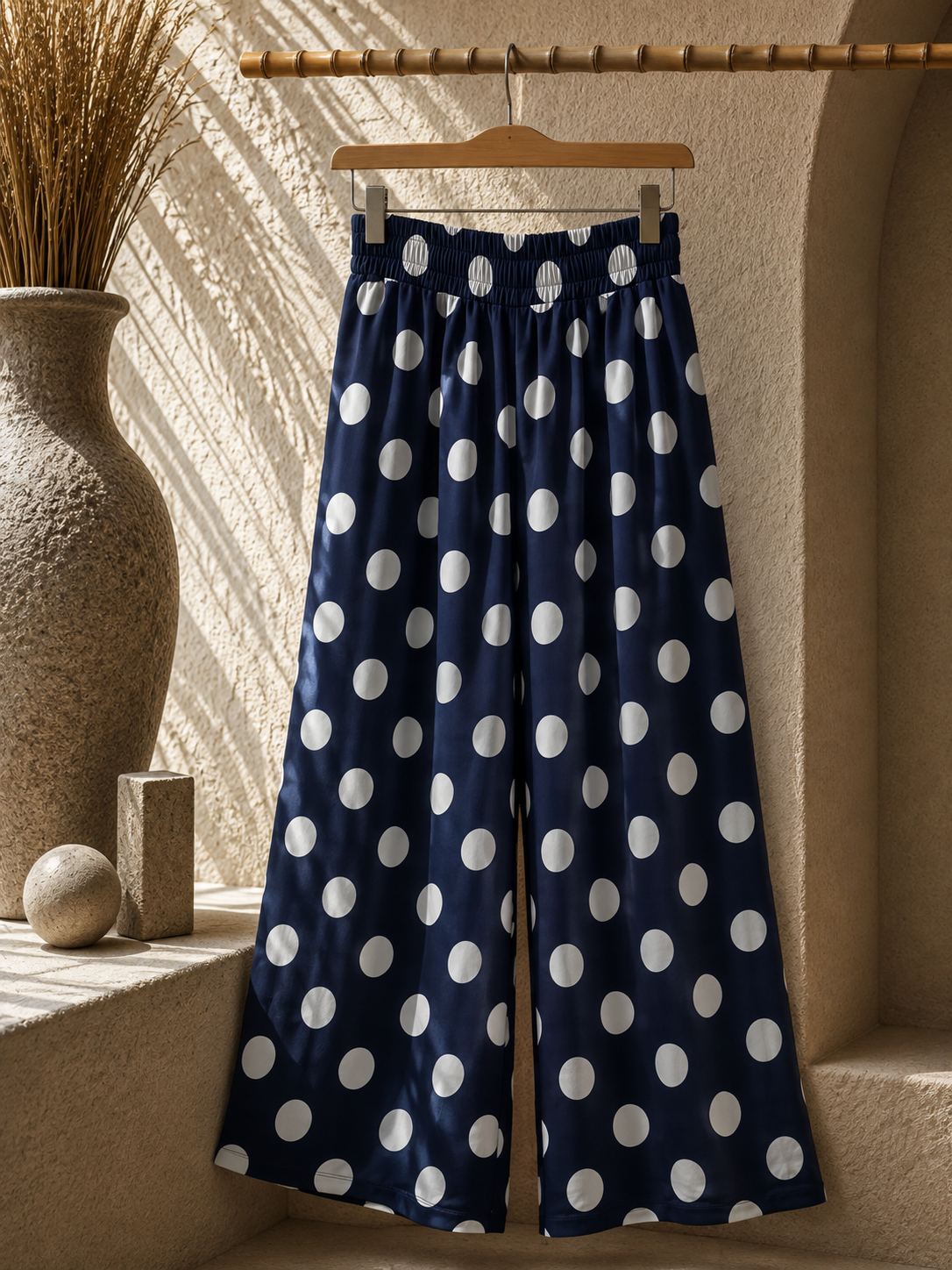 Pantalon Large à Pois Blancs Taille Smockée