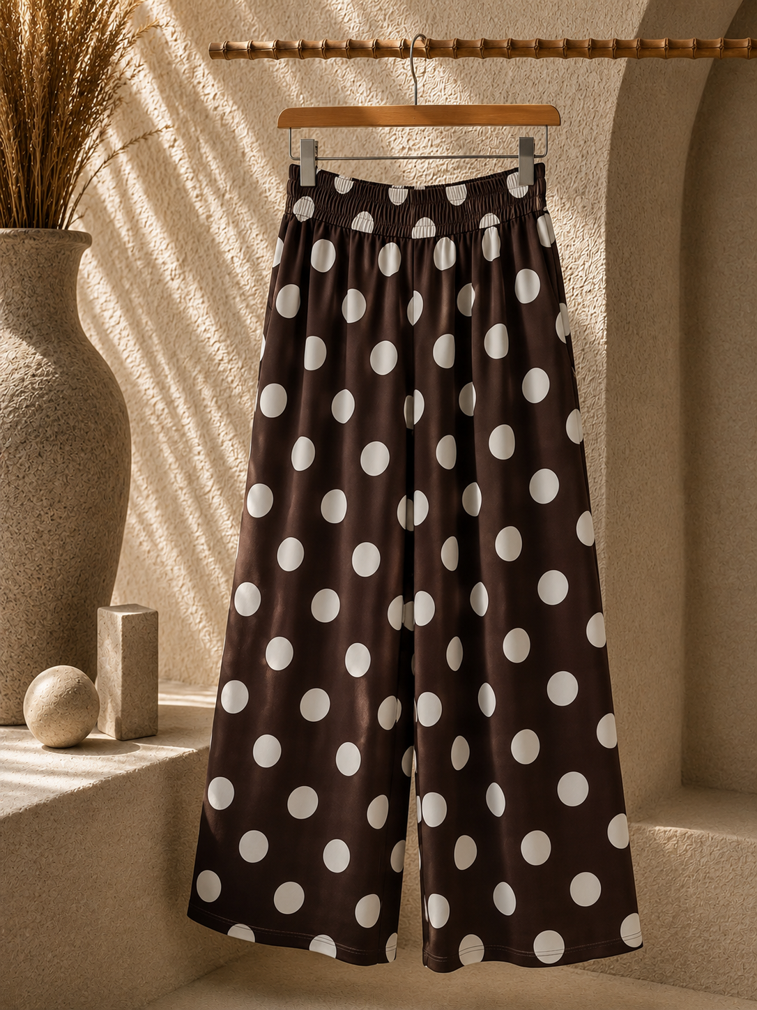 Pantalon Large à Pois Blancs Taille Smockée