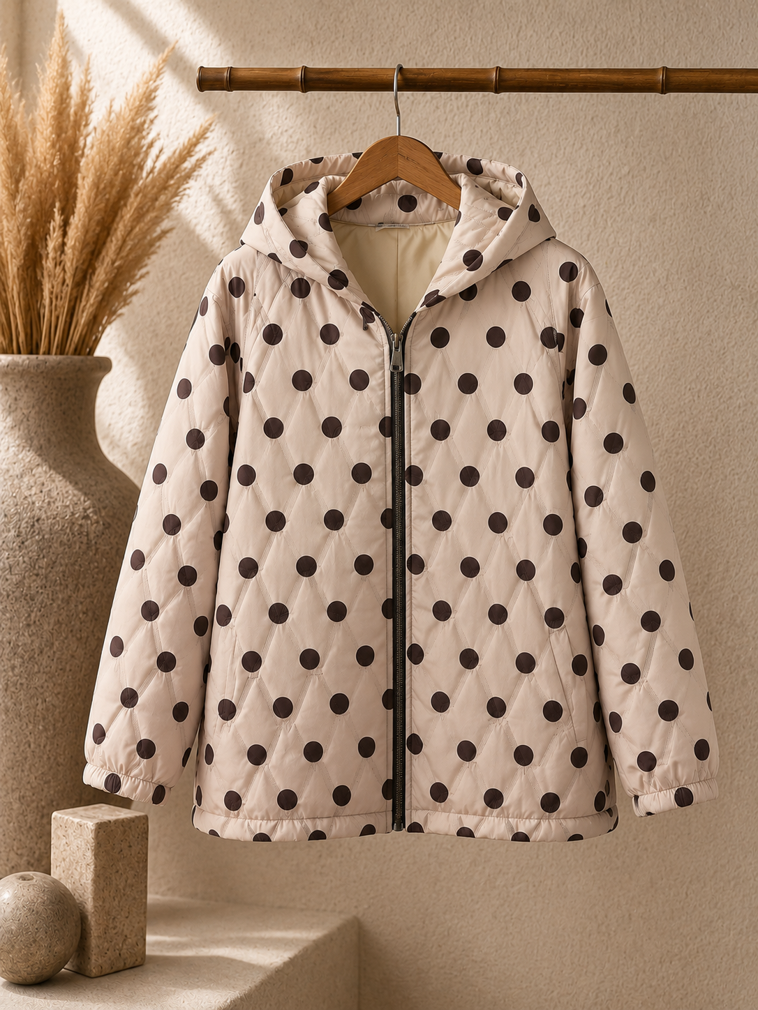 Veste Matelassée à Capuche Imprimé Pois