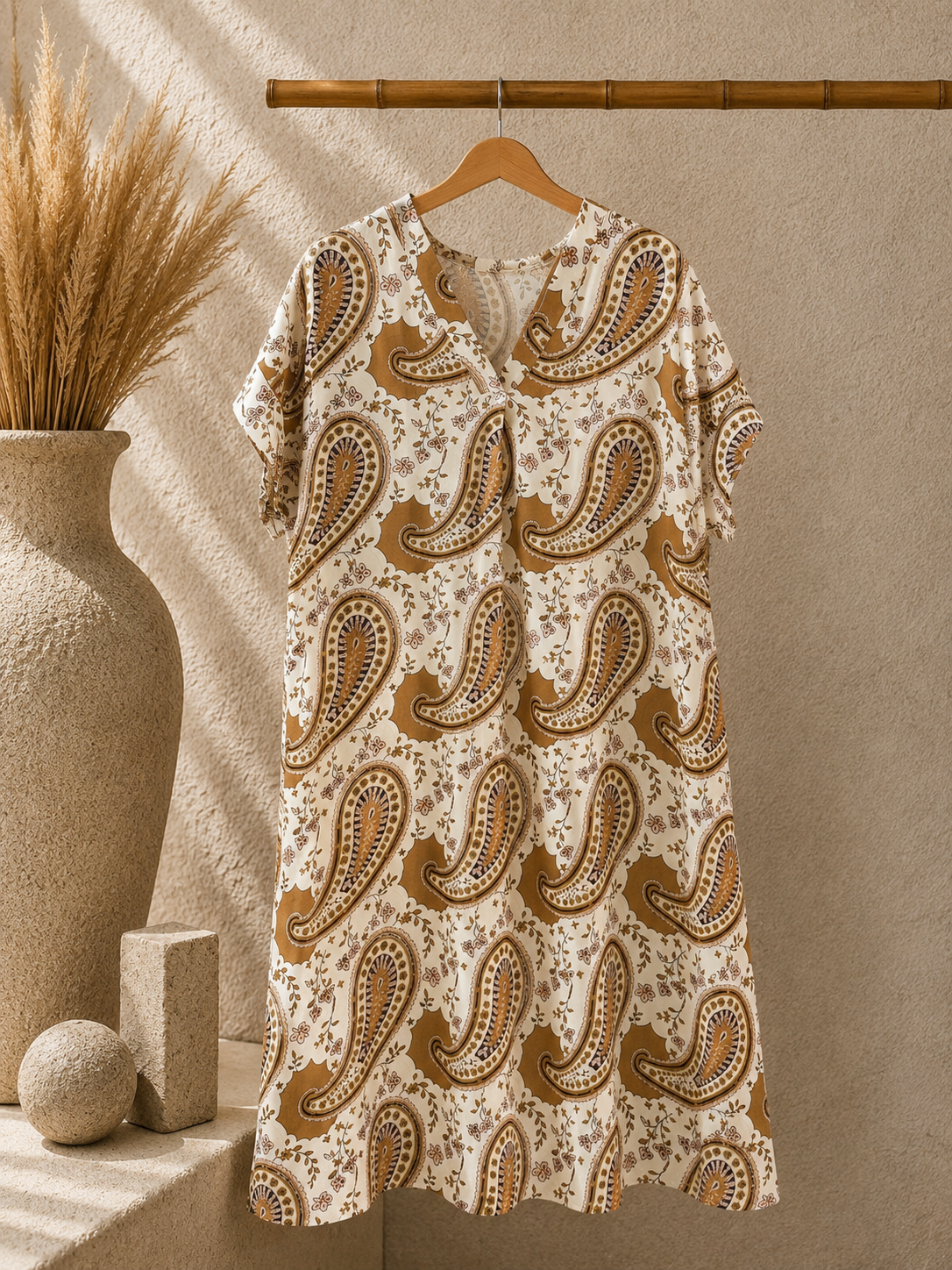 Robe Tunique Imprimé Paisley Camel et Écru