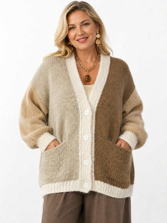 Cardigan Oversize Bicolore Col V Boutons Poches Avant Maille Douce