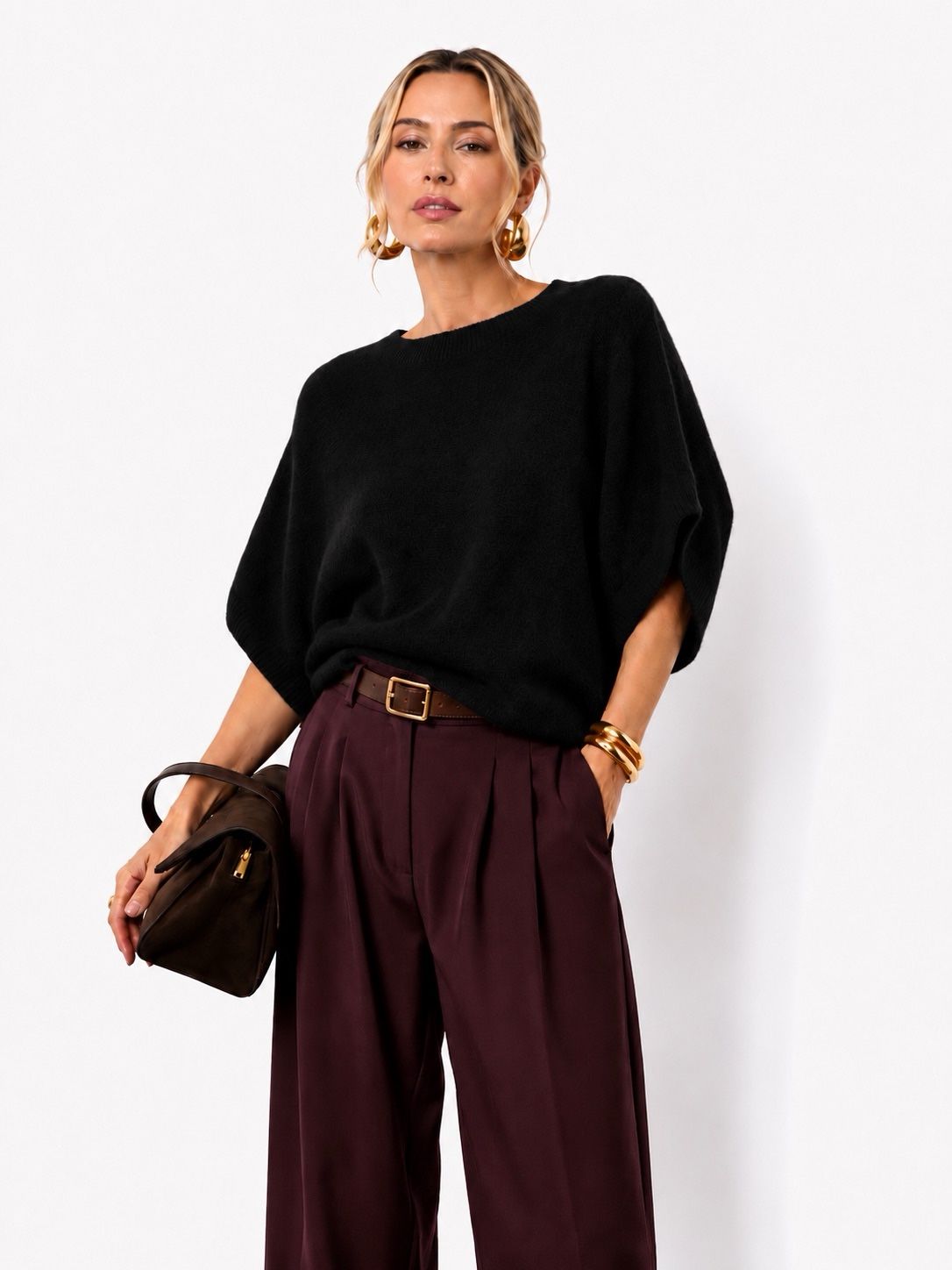 Pull Oversize Col Rond Manches Chauve-Souris Maille Douce