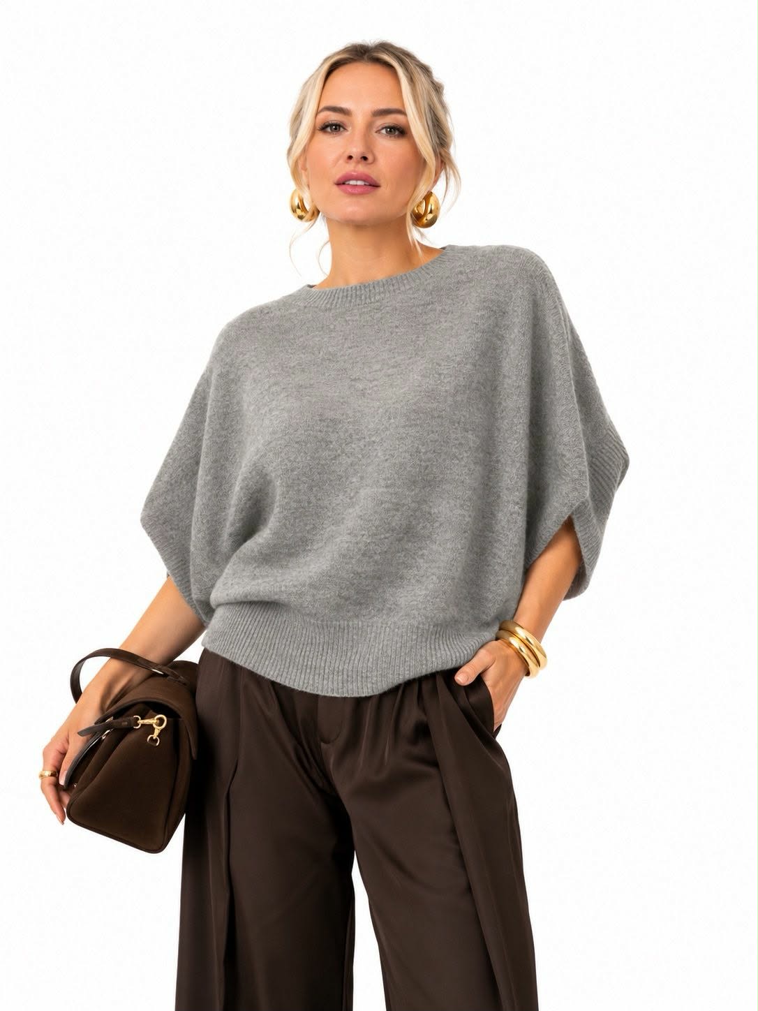 Pull Oversize Col Rond Côtelé Manches Chauve-Souris Maille Cachemire Doux