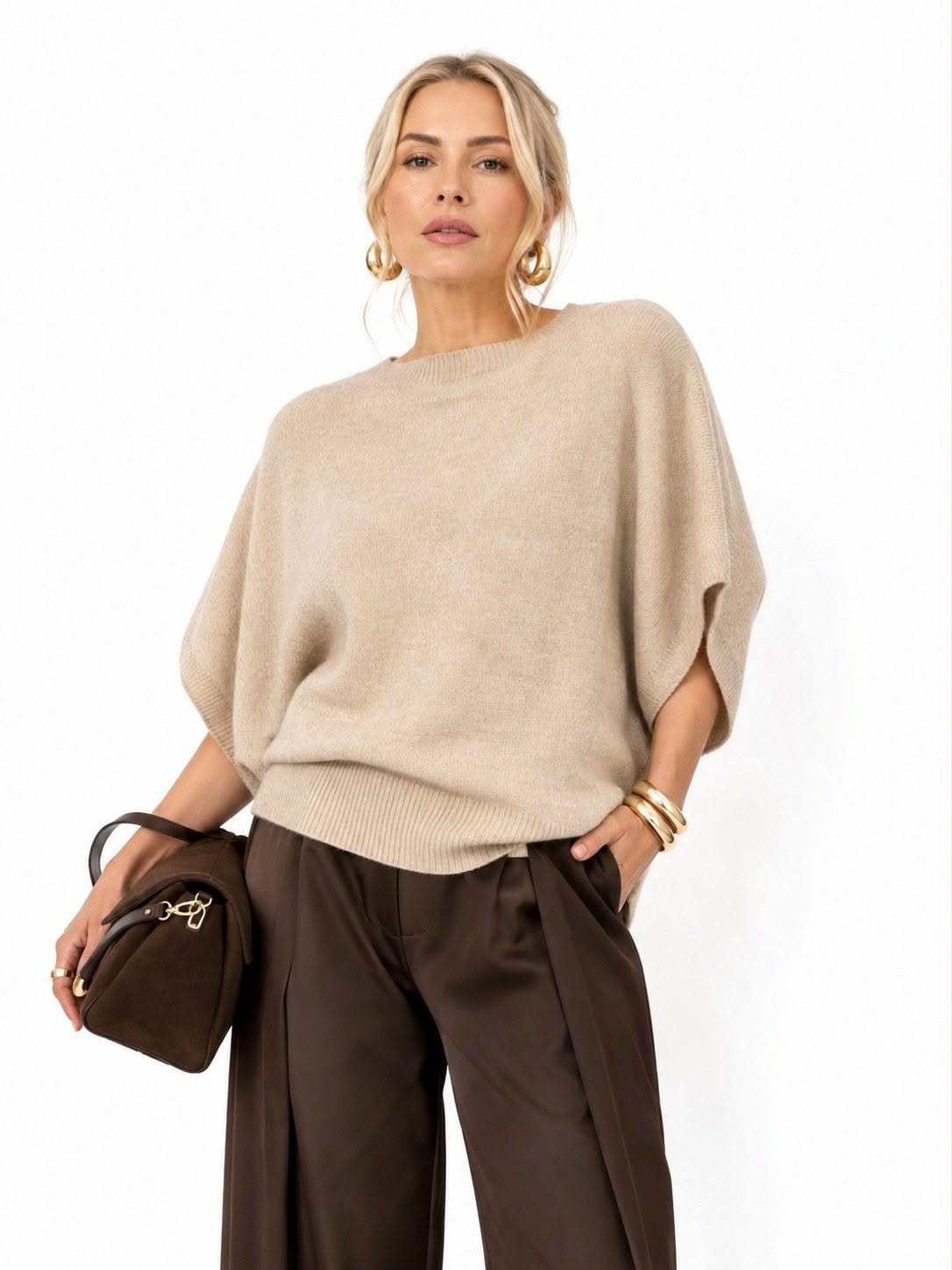 Pull Oversize Col Rond Côtelé Manches Chauve-Souris Maille Cachemire Doux