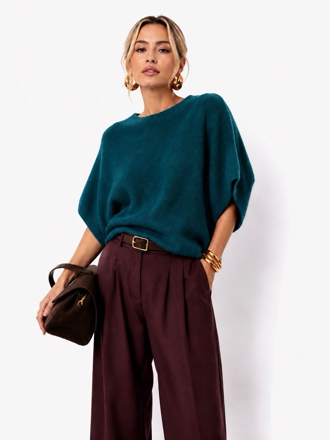 Pull Oversize Col Rond Manches Chauve-Souris Maille Douce