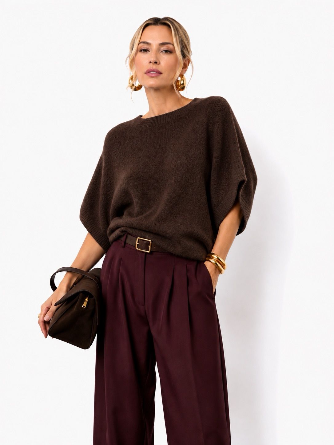 Pull Oversize Col Rond Manches Chauve-Souris Maille Douce