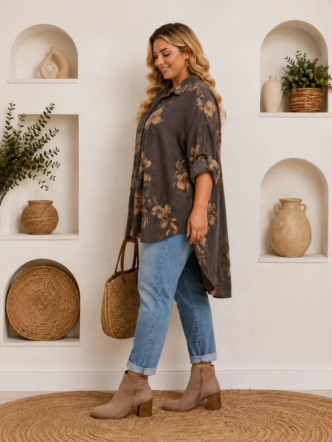 Chemise Oversize Imprimé Fleuri Bohème Fond Gris Anthracite
