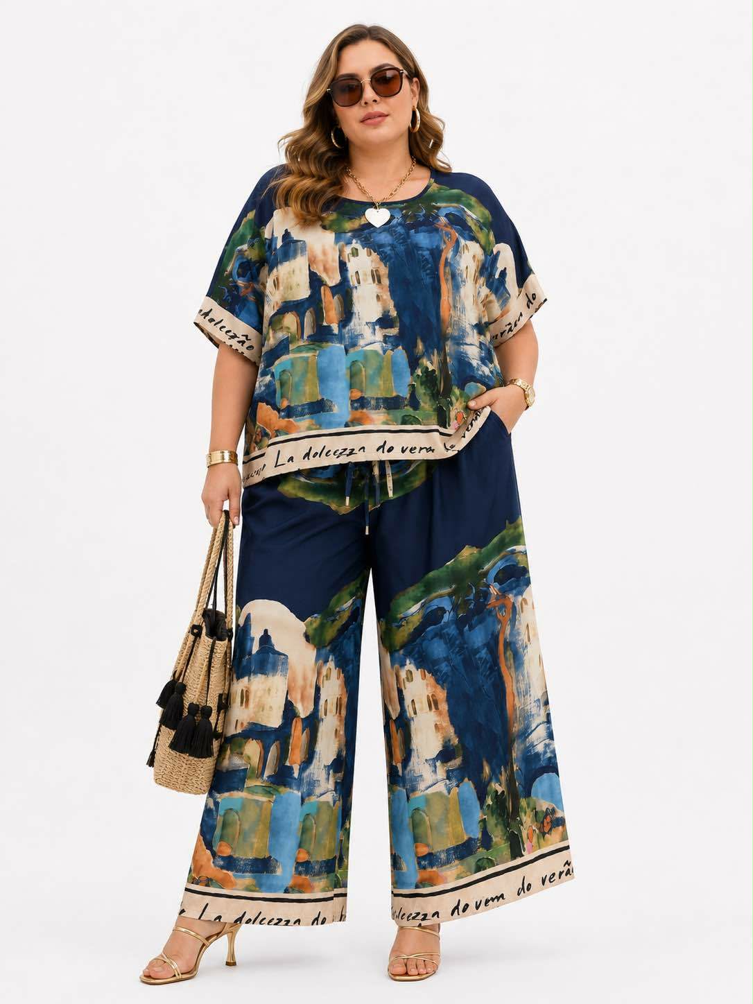 Ensemble 2 Pièces Imprimé Artistique Aquarelle Top + Pantalon Large Palazzo