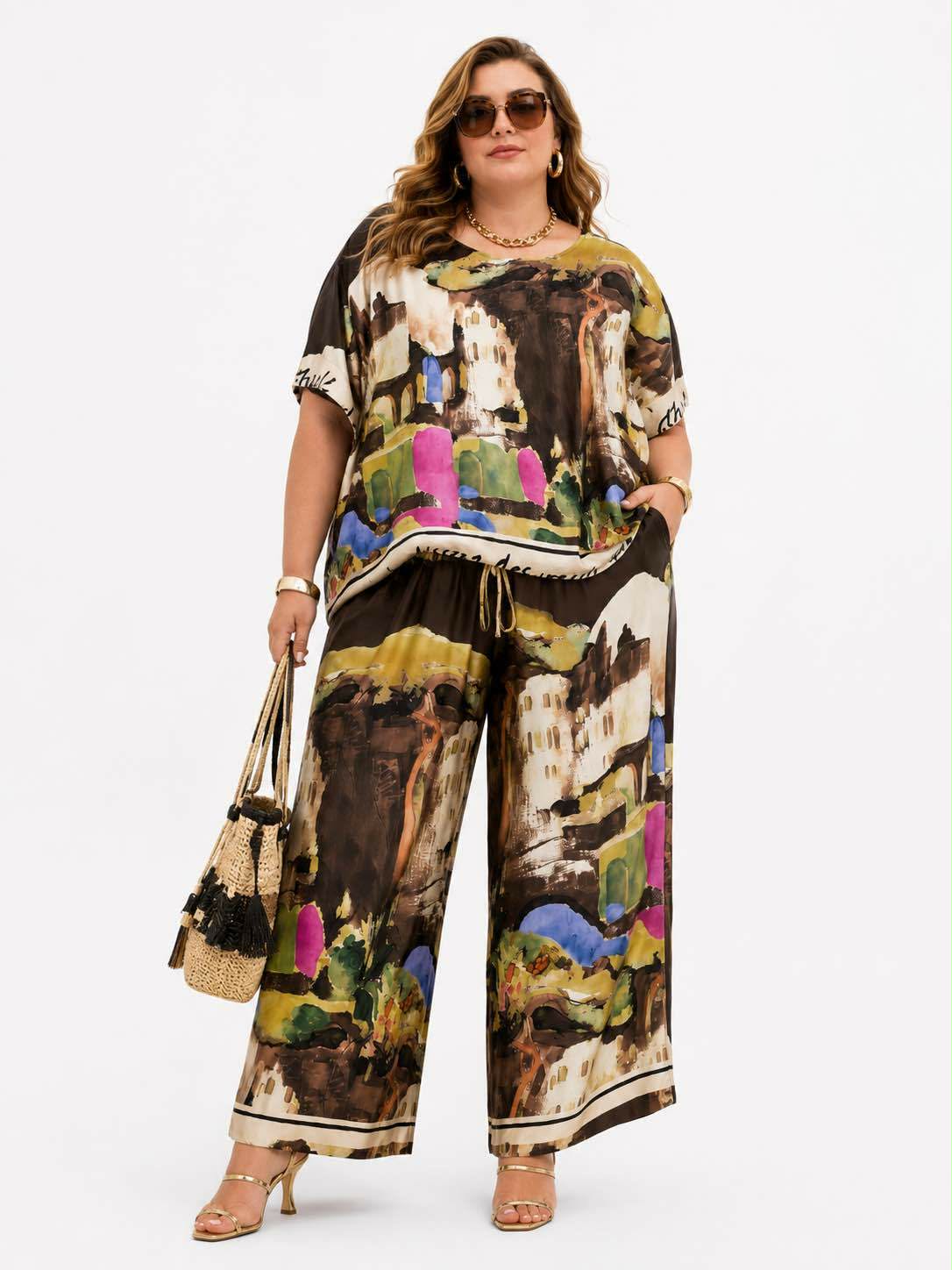Ensemble 2 Pièces Imprimé Artistique Aquarelle Top + Pantalon Large Palazzo