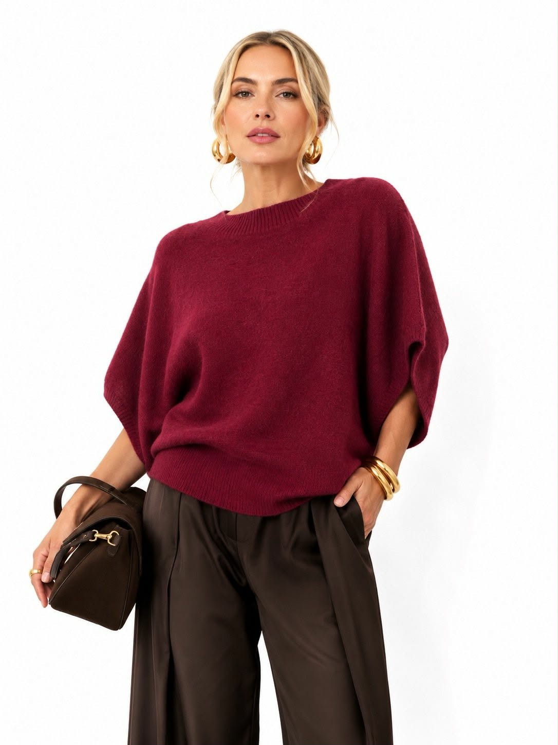 Pull Oversize Col Rond Côtelé Manches Chauve-Souris Maille Cachemire Doux