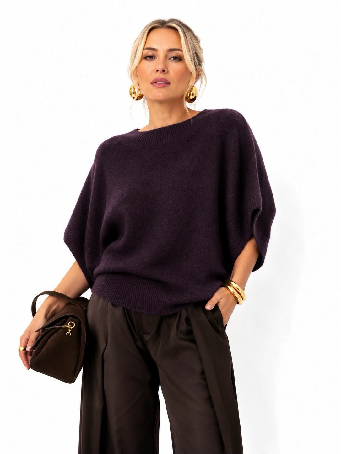Pull Oversize Col Rond Côtelé Manches Chauve-Souris Maille Cachemire Doux