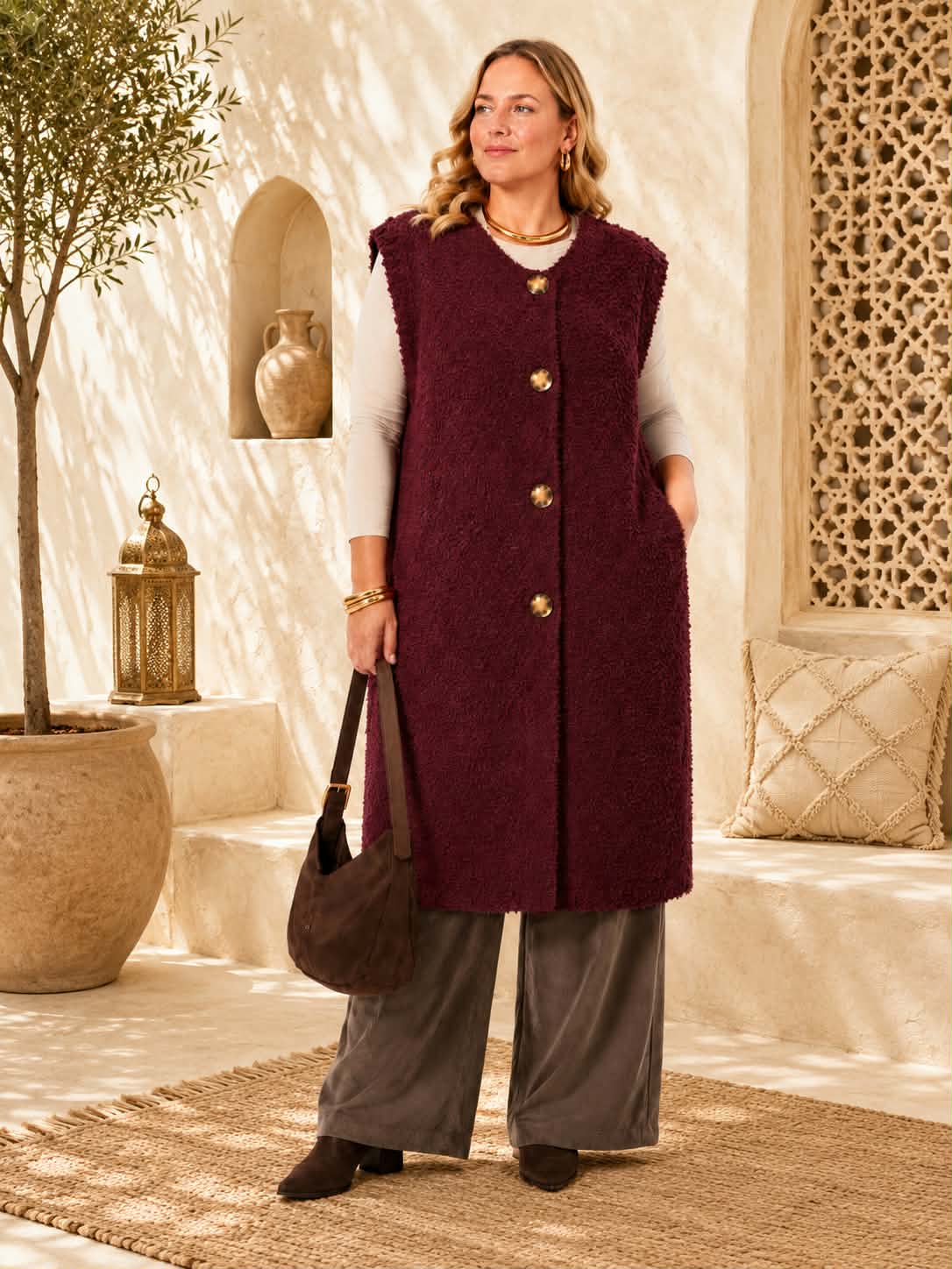 Gilet Long Bouclé Sans Manches Col Rond Boutons Fantaisie Écaille