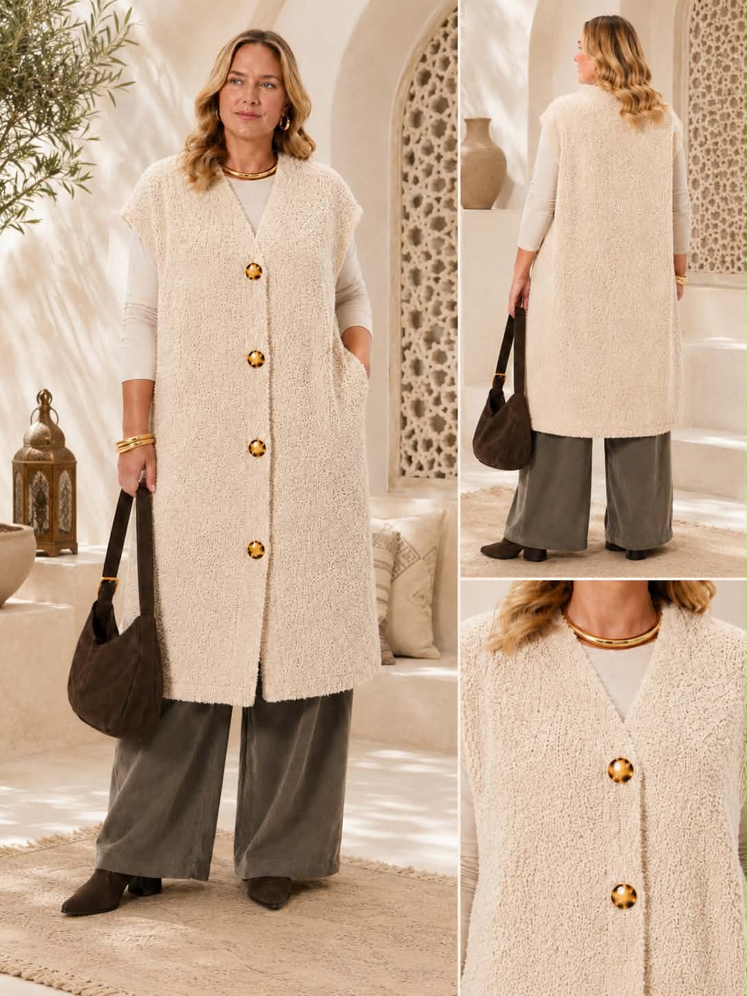 Gilet Long Bouclé Sans Manches Col Rond Boutons Fantaisie Écaille