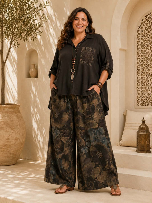 Ensemble 2 Pièces Lin Bicolore Chemise Oversize Poche Imprimée + Pantalon Palazzo Fleuri