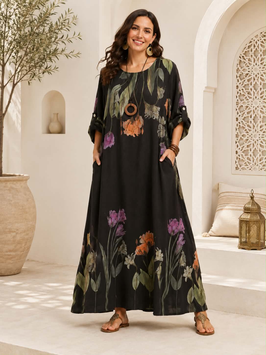 Robe Maxi Oversize Col Rond Imprimé Floral Botanique Manches 3/4