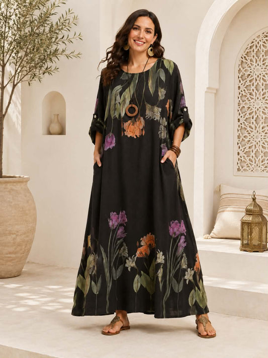 Robe Maxi Oversize Col Rond Imprimé Floral Botanique Manches 3/4