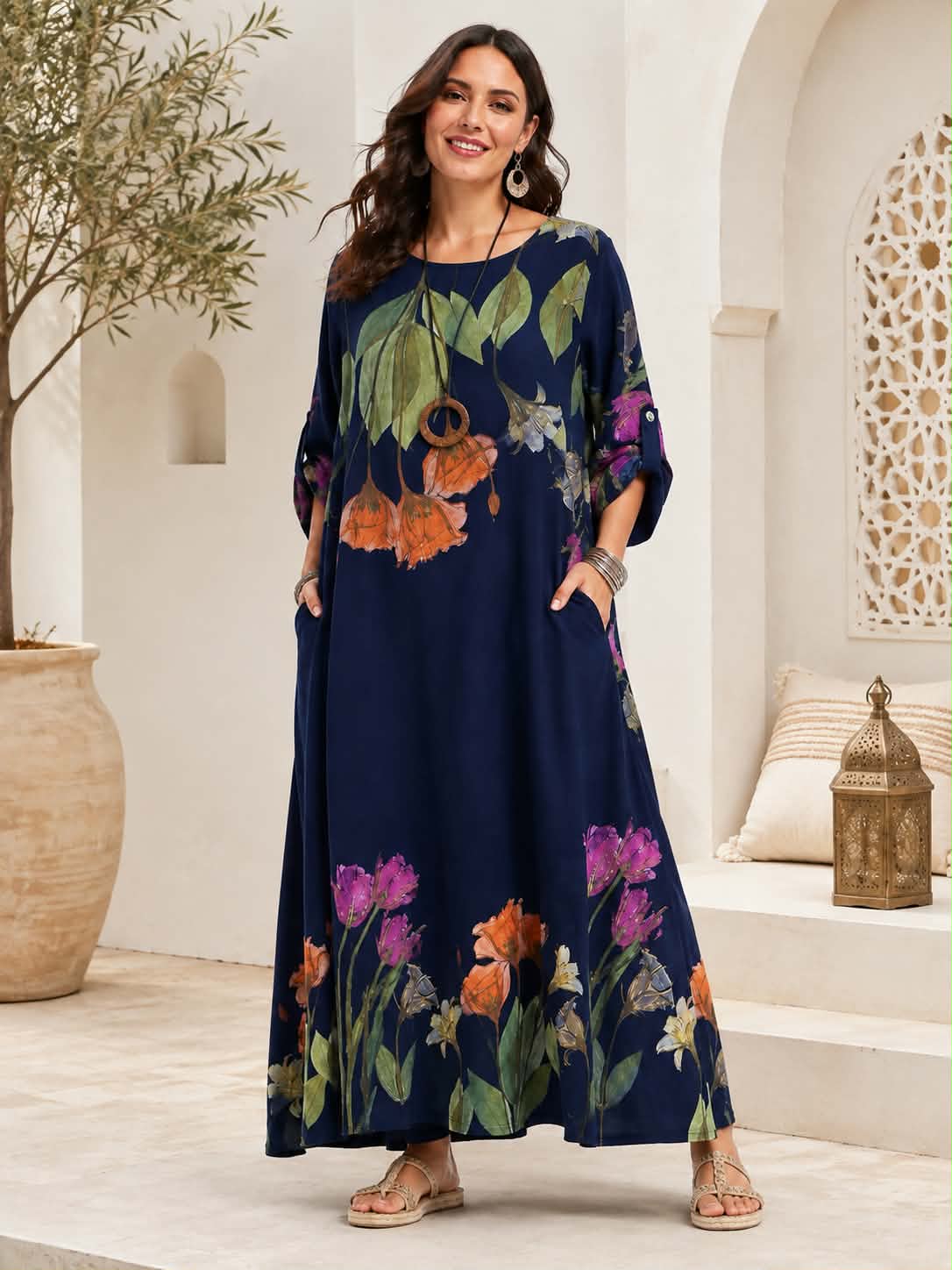 Robe Maxi Oversize Col Rond Imprimé Floral Botanique Manches 3/4