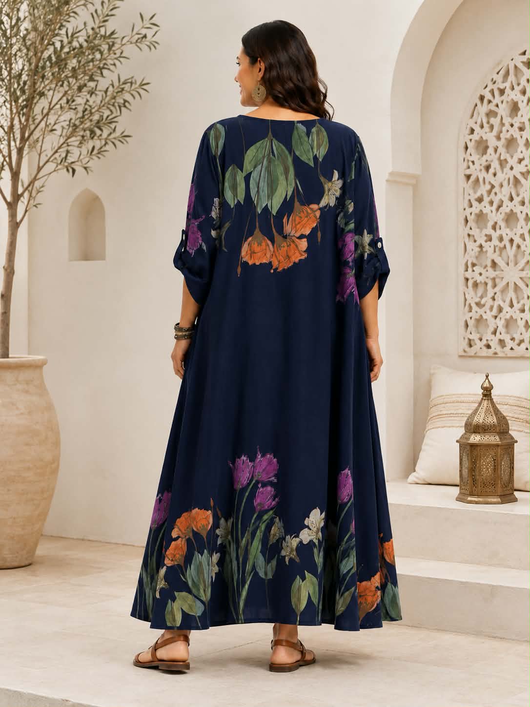 Robe Maxi Oversize Col Rond Imprimé Floral Botanique Manches 3/4