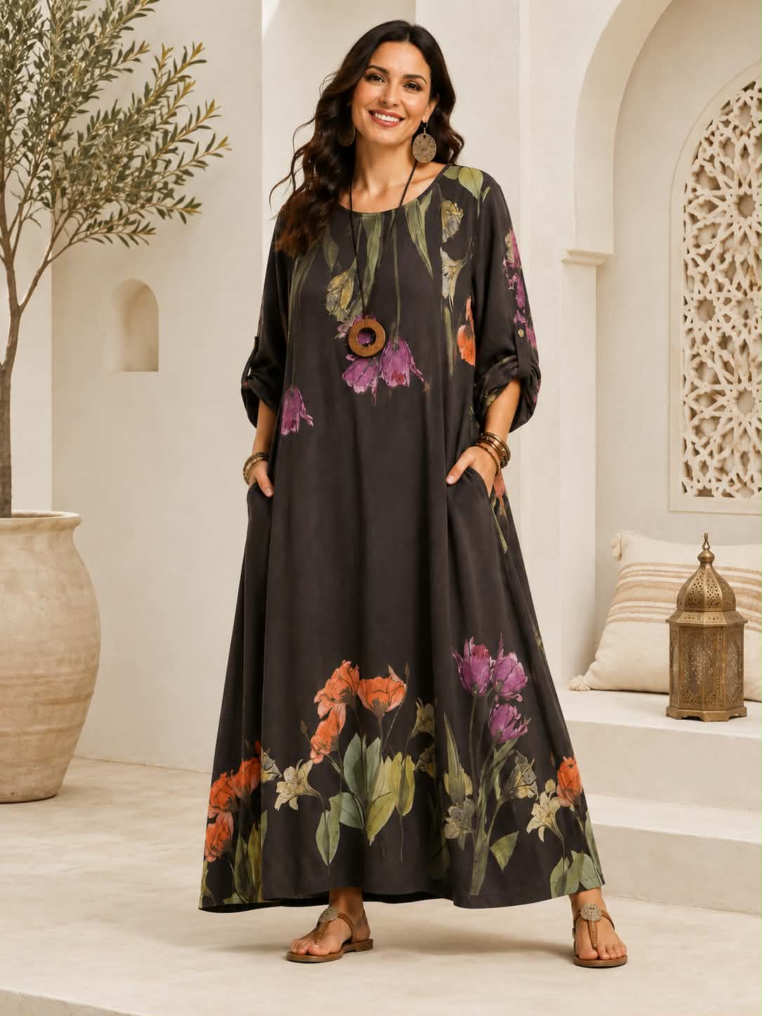 Robe Maxi Oversize Col Rond Imprimé Floral Botanique Manches 3/4