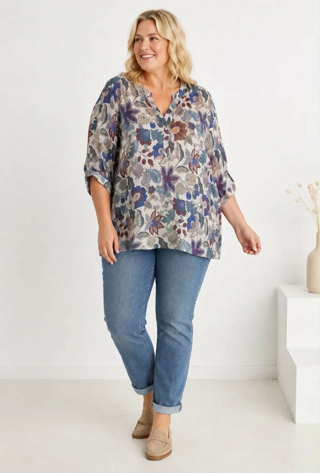 Blouse Oversize Col Tunisien Fente Boutonnée Imprimé Floral Bohème Fond Écru