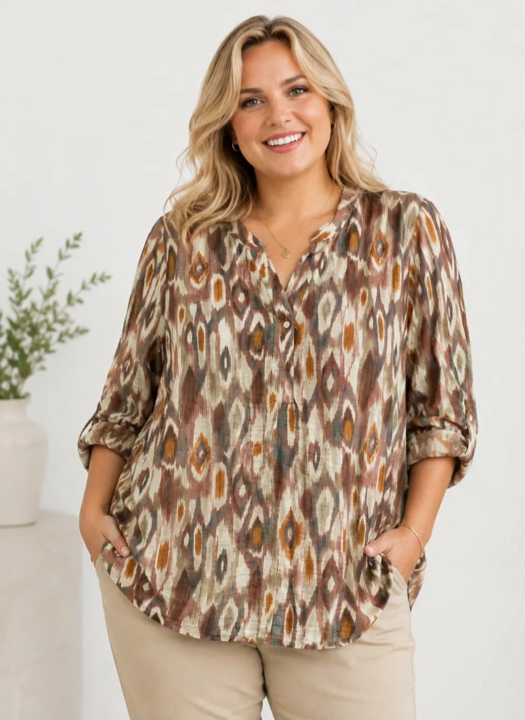 Blouse Oversize Col Tunisien Fente Boutonnée Imprimé Ikat Ethnique