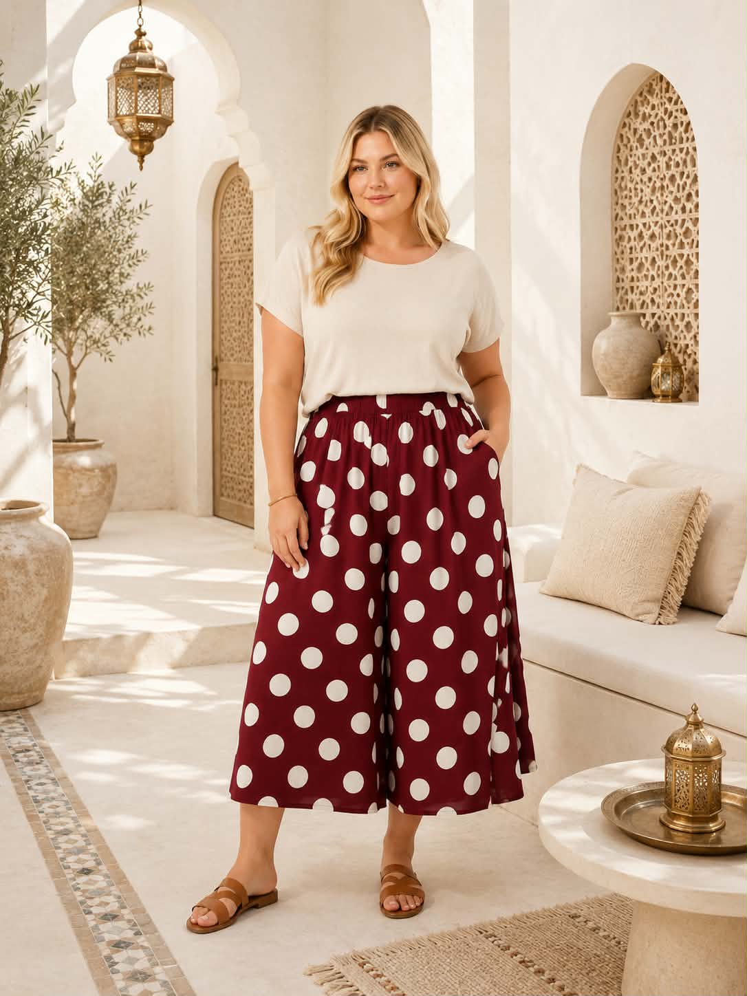 Pantalon Large à Pois Blancs Taille Smockée