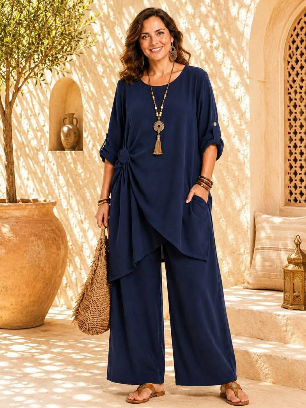 Ensemble 2 Pièces Fluide Top Long Nœud Latéral Manches 3/4 + Pantalon Palazzo Large