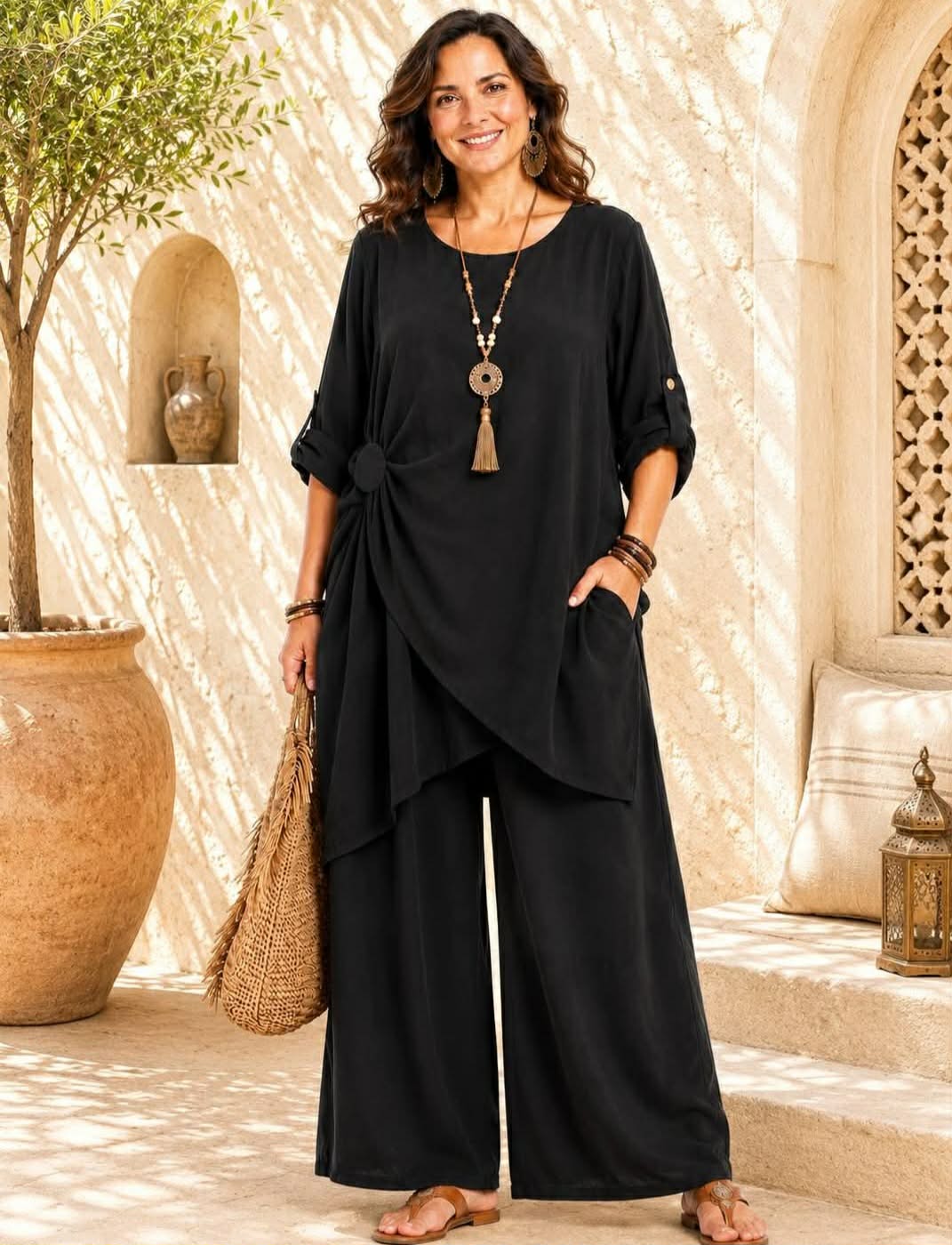 Ensemble 2 Pièces Fluide Top Long Nœud Latéral Manches 3/4 + Pantalon Palazzo Large