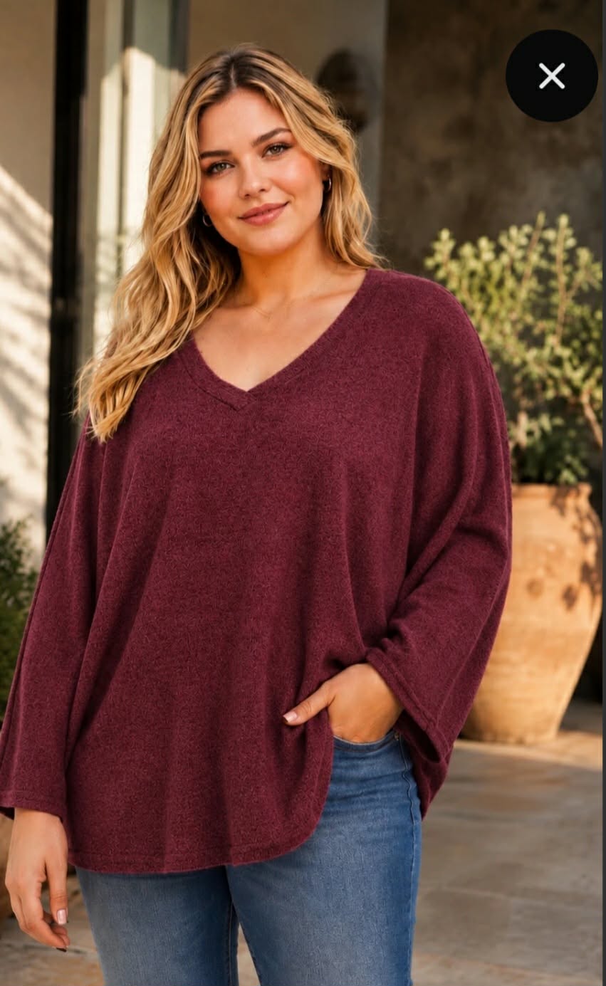 Pull Oversize Col V Maille Cachemire Doux Manches Chauve-Souris Ourlet Arrondi