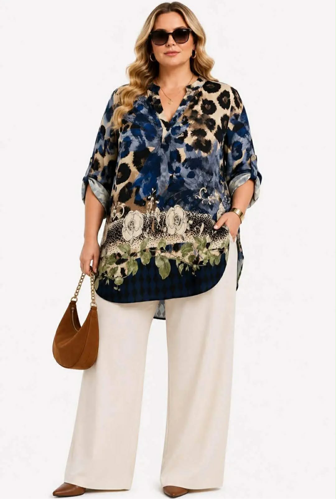 Tunique Oversize Col V Fente Boutonnée Imprimé Léopard Mix Fleuri Bordure Manches 3/4