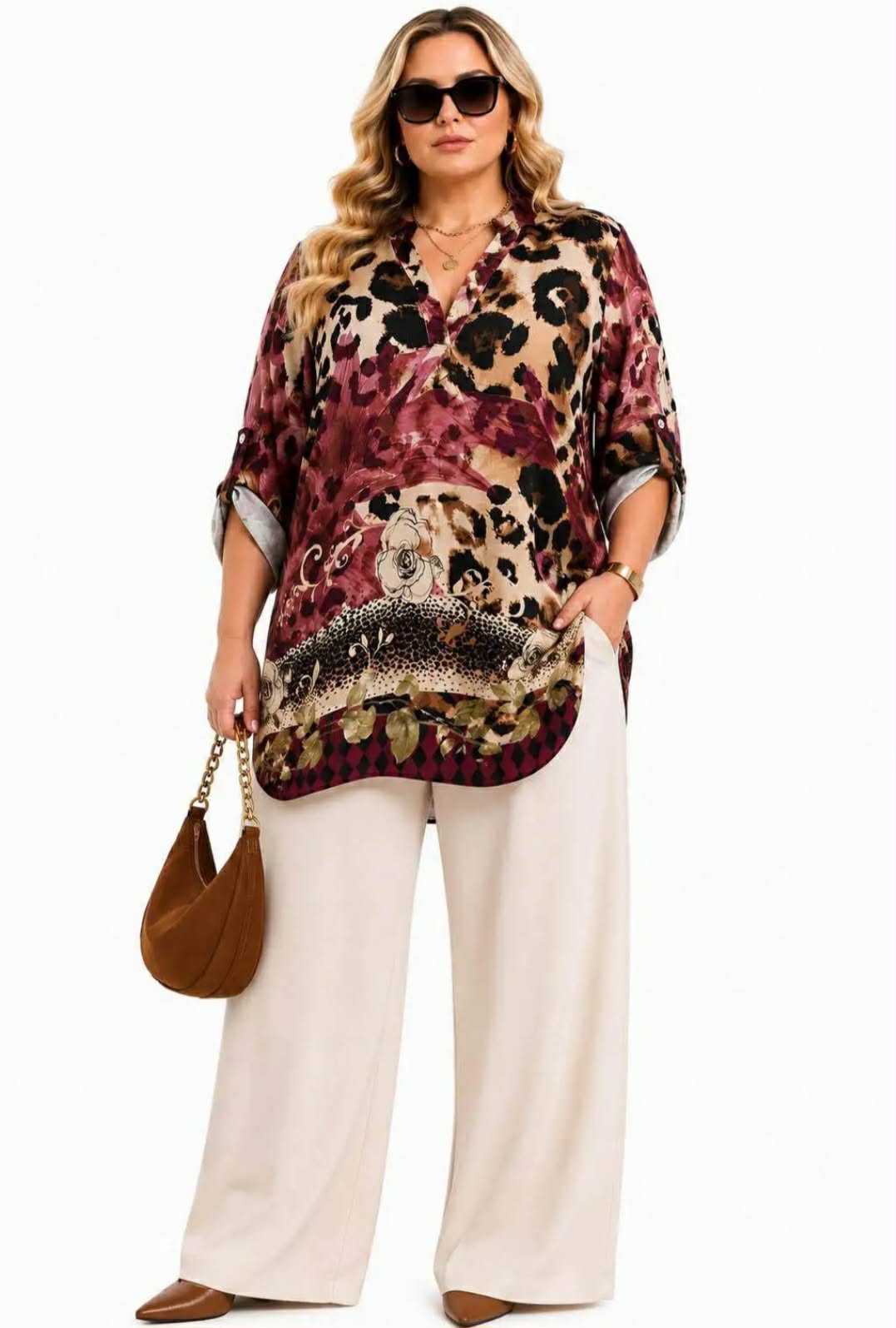 Tunique Oversize Col V Fente Boutonnée Imprimé Léopard Mix Fleuri Bordure Manches 3/4