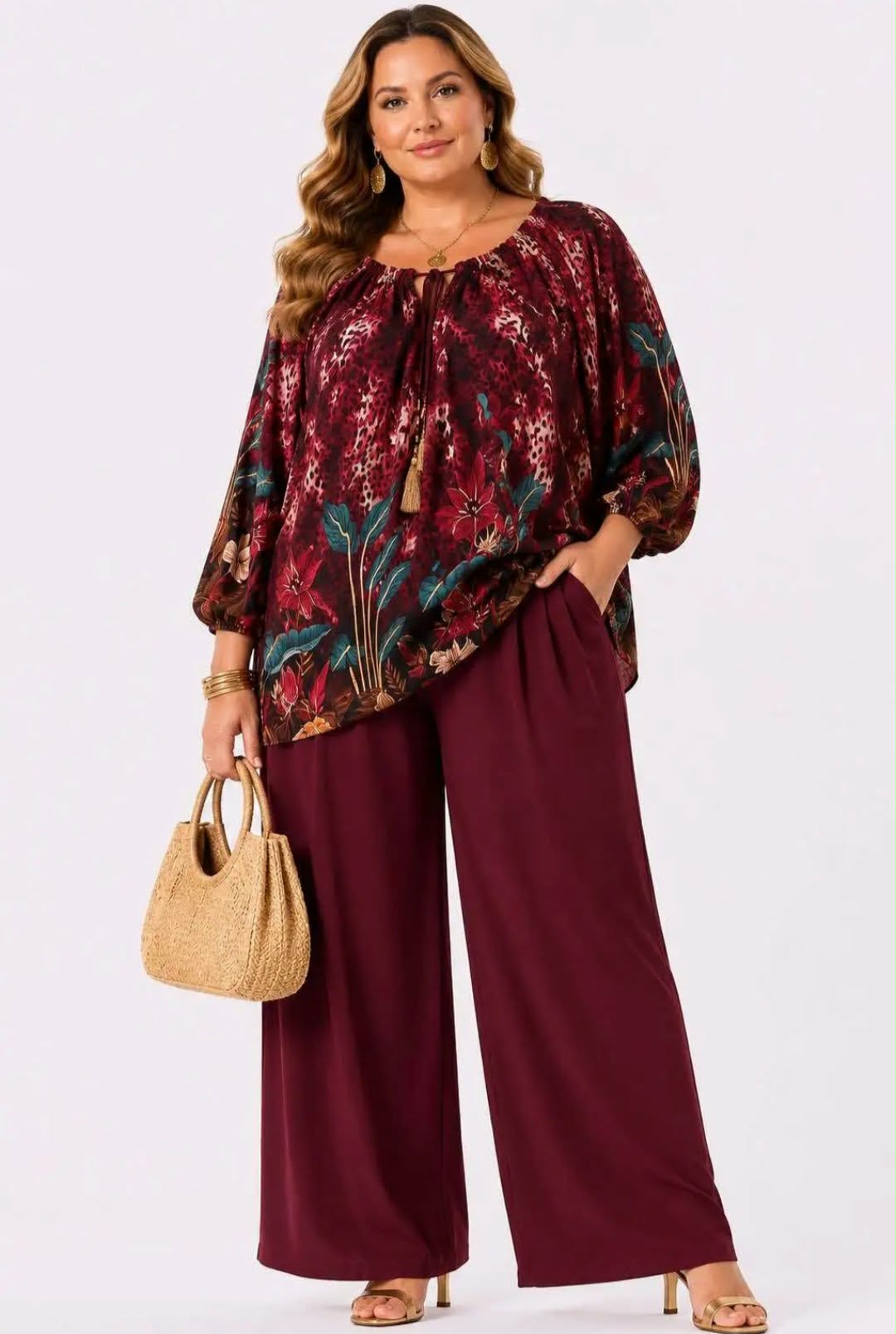 Ensemble 2 Pièces Blouse Paysanne Col Froncé Pompons Imprimé Tropical + Pantalon Palazzo Bordeaux