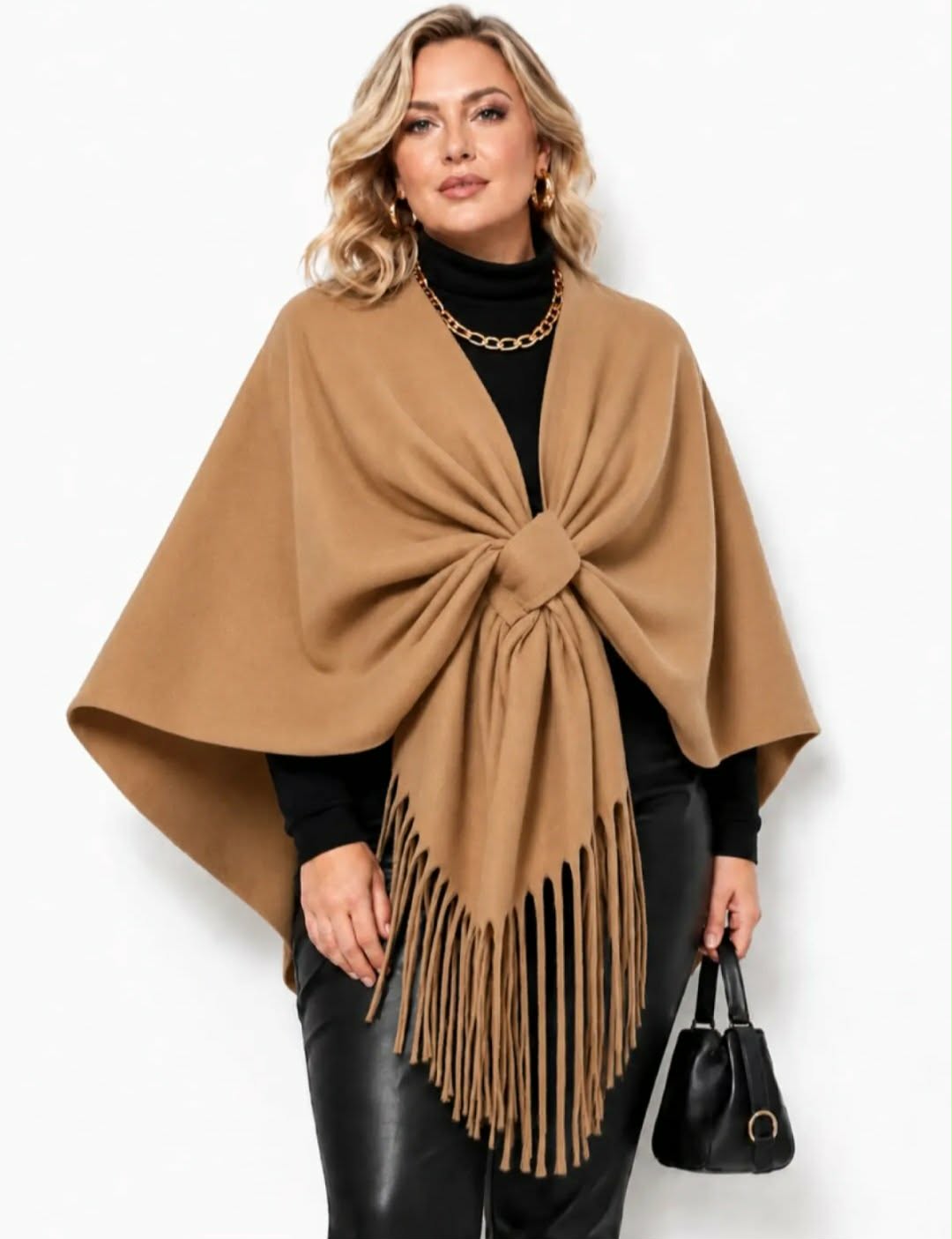 Cape Étole Oversize Lainage Doux Uni Nœud Central Franges Longues