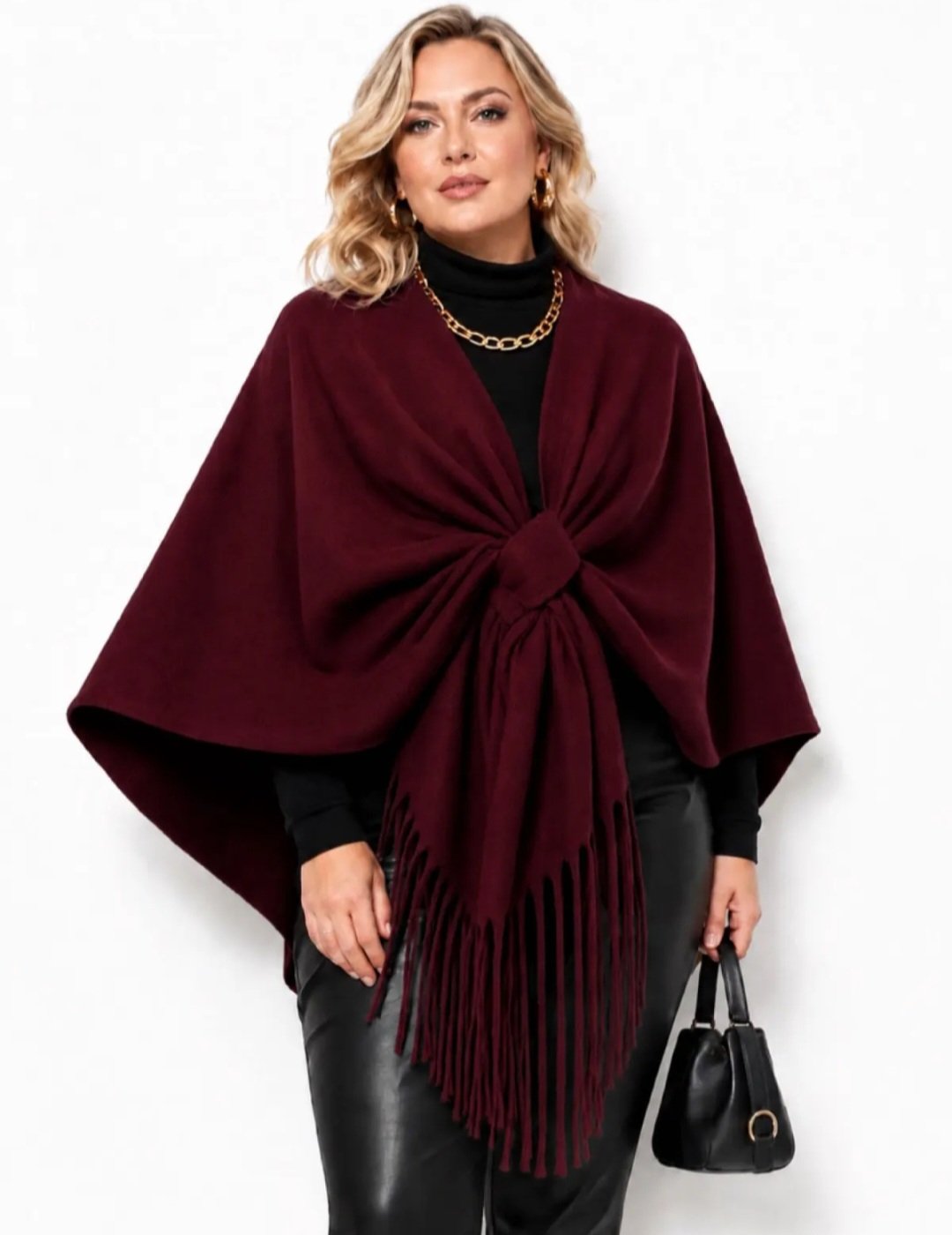 Cape Étole Oversize Lainage Doux Uni Nœud Central Franges Longues