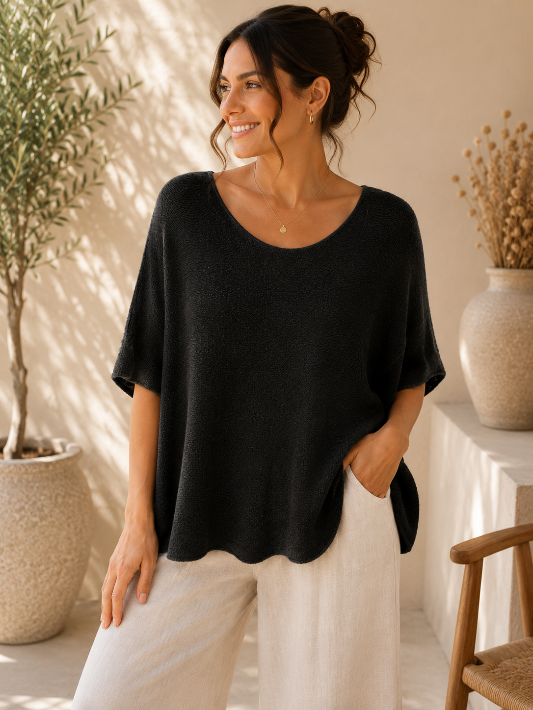 Top Oversize Col U Large Maille Bouclée Douce Manches Courtes Chauve-Souris Fentes Latérales