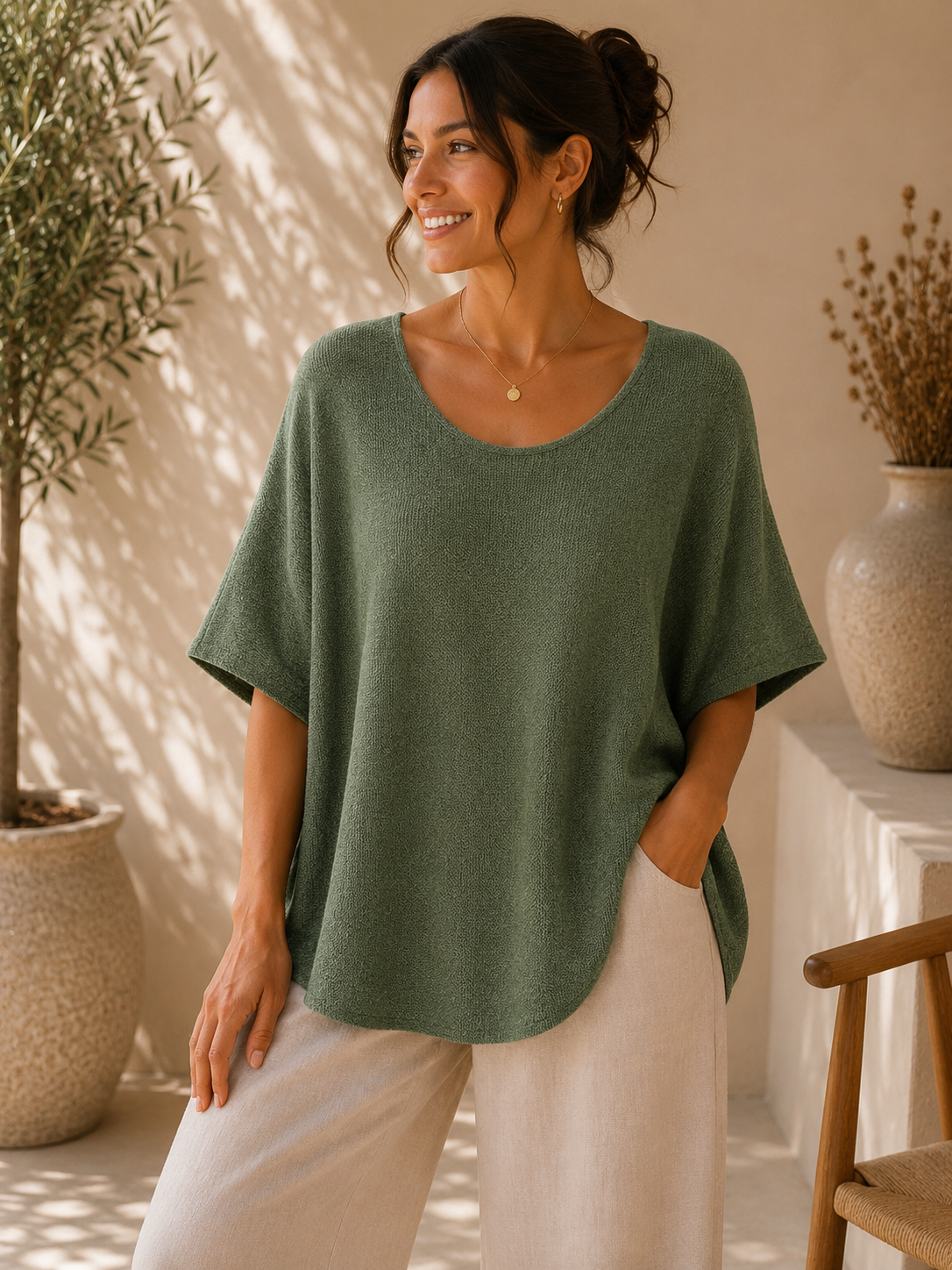 Top Oversize Col U Large Maille Bouclée Douce Manches Courtes Chauve-Souris Fentes Latérales
