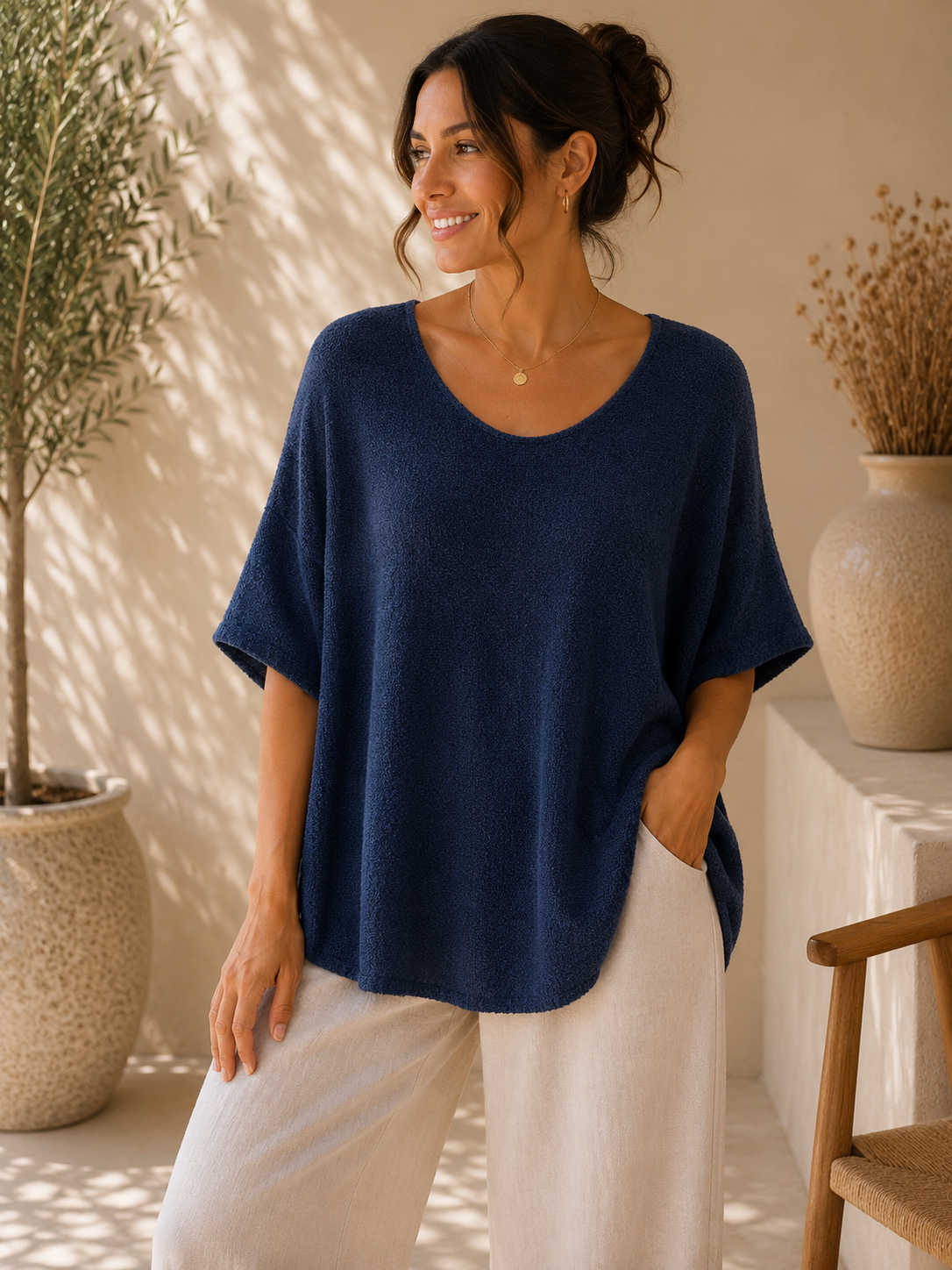 Top Oversize Col U Large Maille Bouclée Douce Manches Courtes Chauve-Souris Fentes Latérales