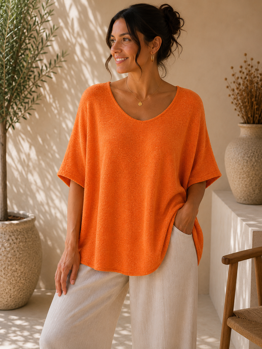 Top Oversize Col U Large Maille Bouclée Douce Manches Courtes Chauve-Souris Fentes Latérales