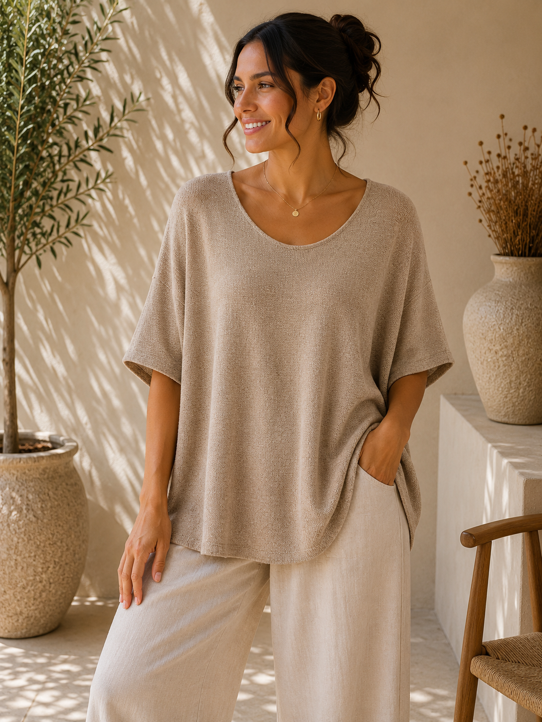 Top Oversize Col U Large Maille Bouclée Douce Manches Courtes Chauve-Souris Fentes Latérales