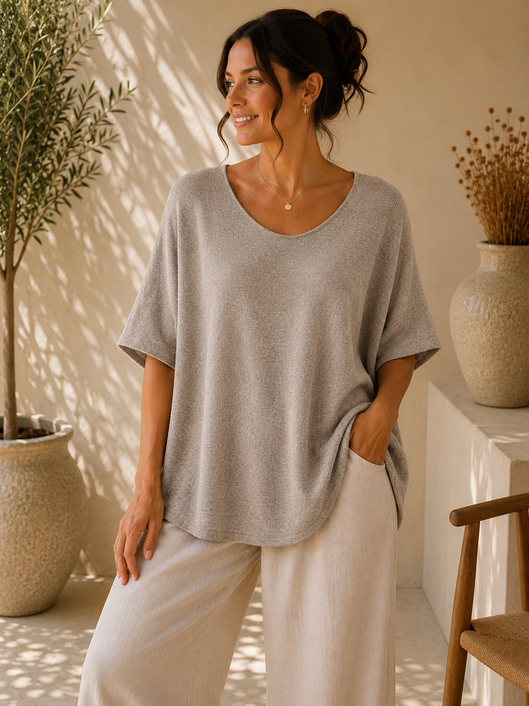 Top Oversize Col U Large Maille Bouclée Douce Manches Courtes Chauve-Souris Fentes Latérales
