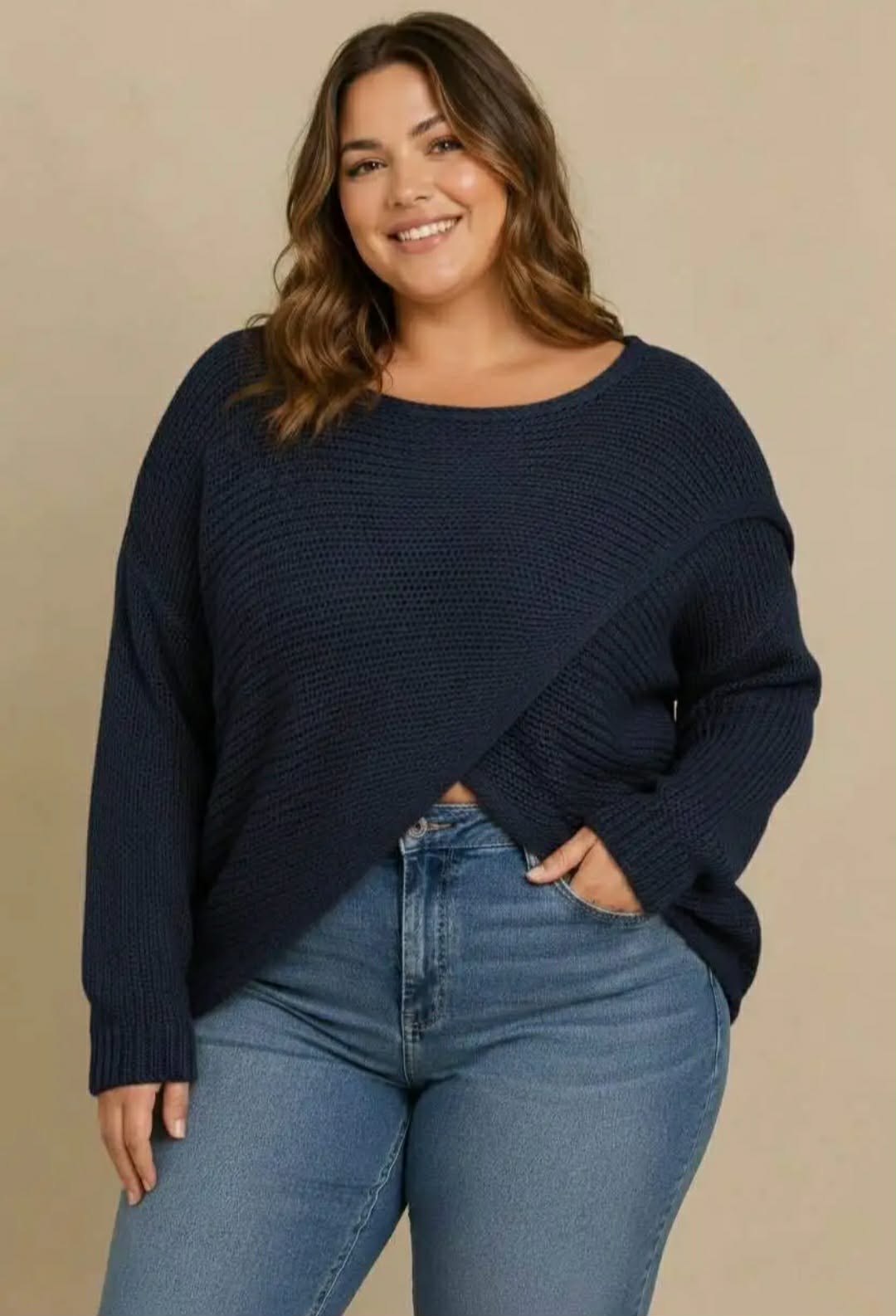 Pull Oversize Col Bateau Large Maille Tricot Côtelée Croisée Devant Manches Longues