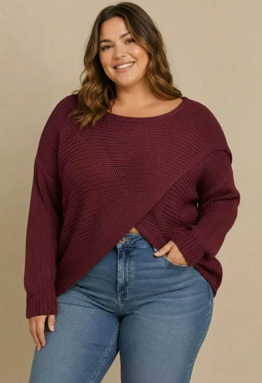 Pull Oversize Col Bateau Large Maille Tricot Côtelée Croisée Devant Manches Longues