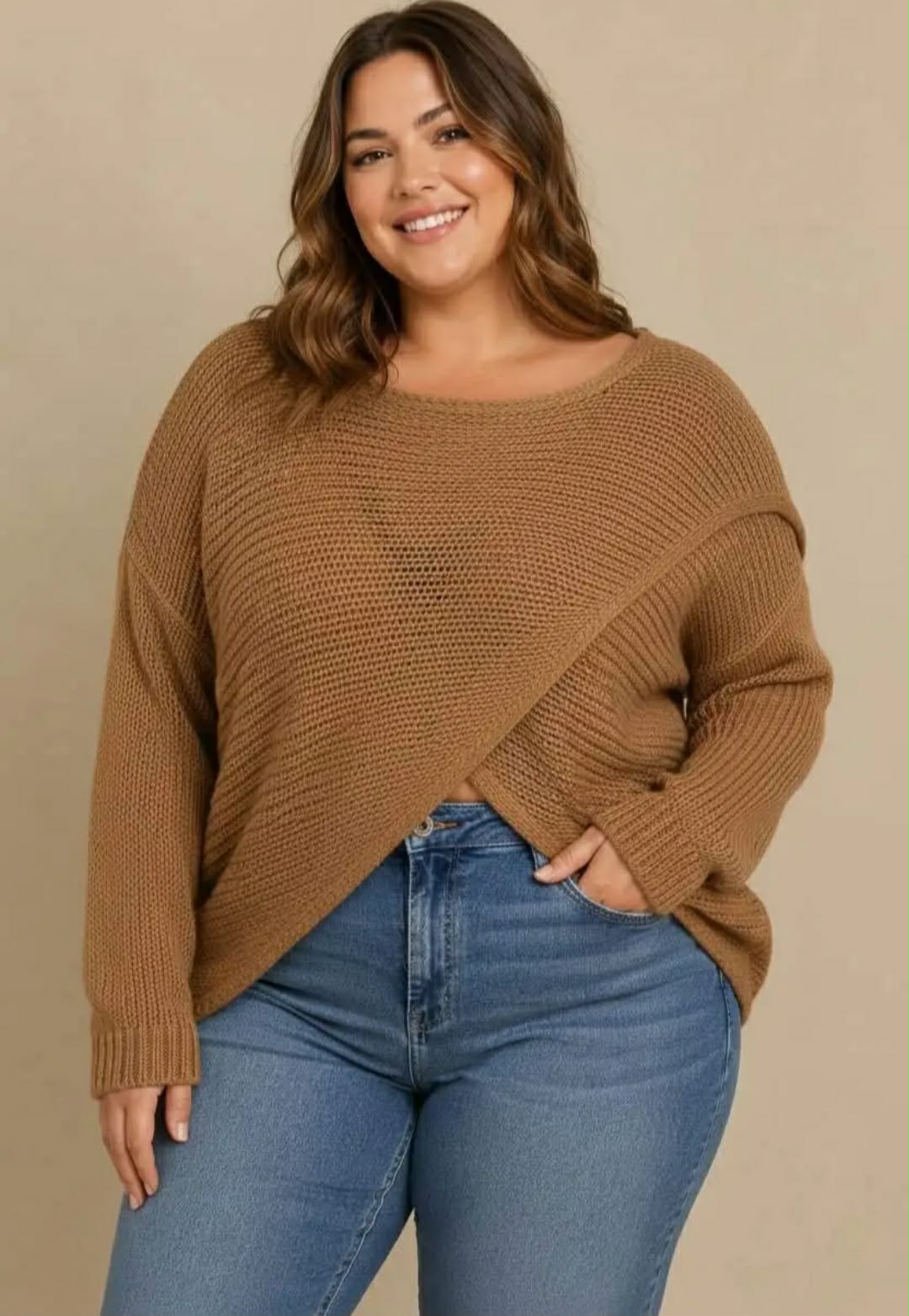 Pull Oversize Col Bateau Large Maille Tricot Côtelée Croisée Devant Manches Longues