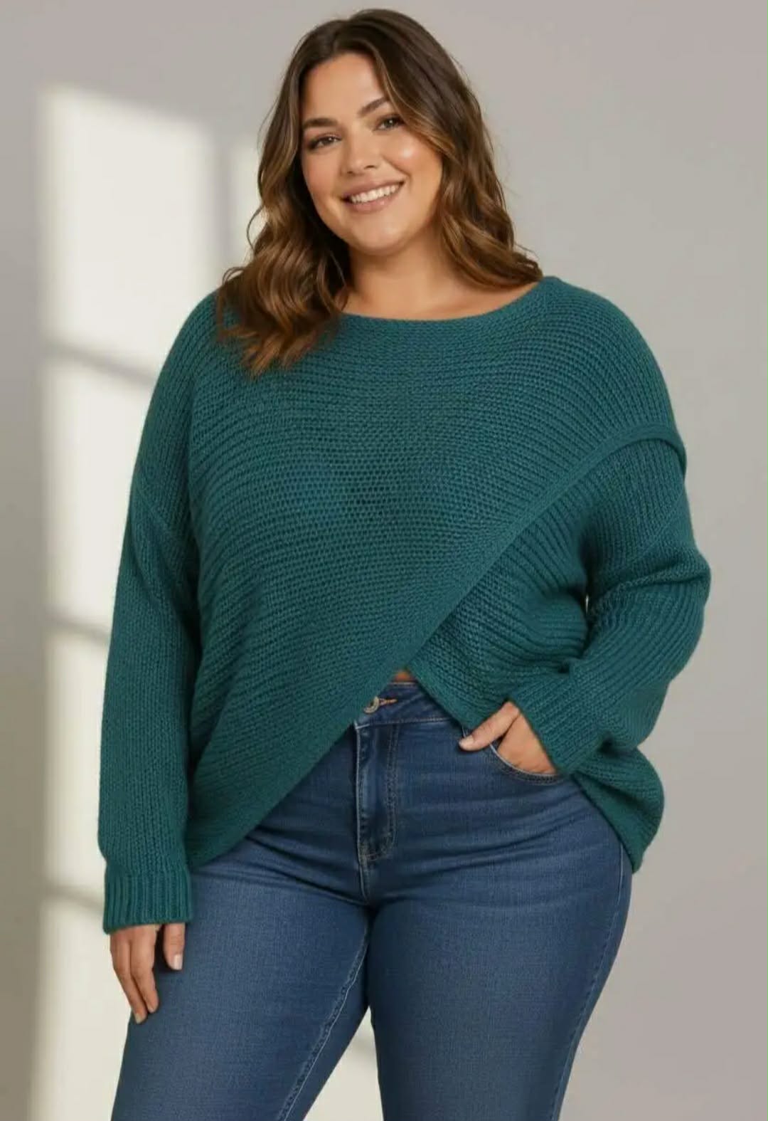 Pull Oversize Col Bateau Large Maille Tricot Côtelée Croisée Devant Manches Longues