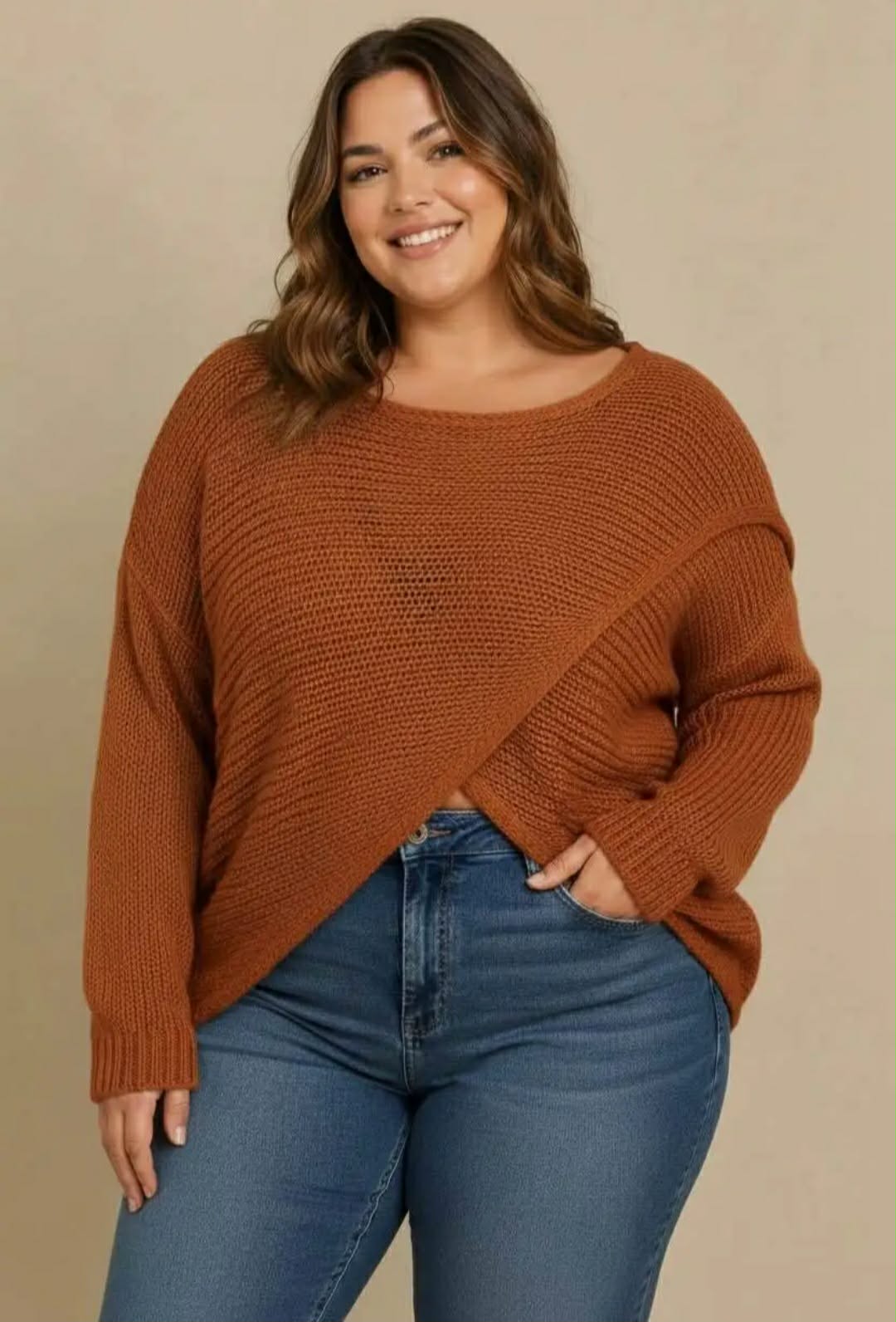 Pull Oversize Col Bateau Large Maille Tricot Côtelée Croisée Devant Manches Longues