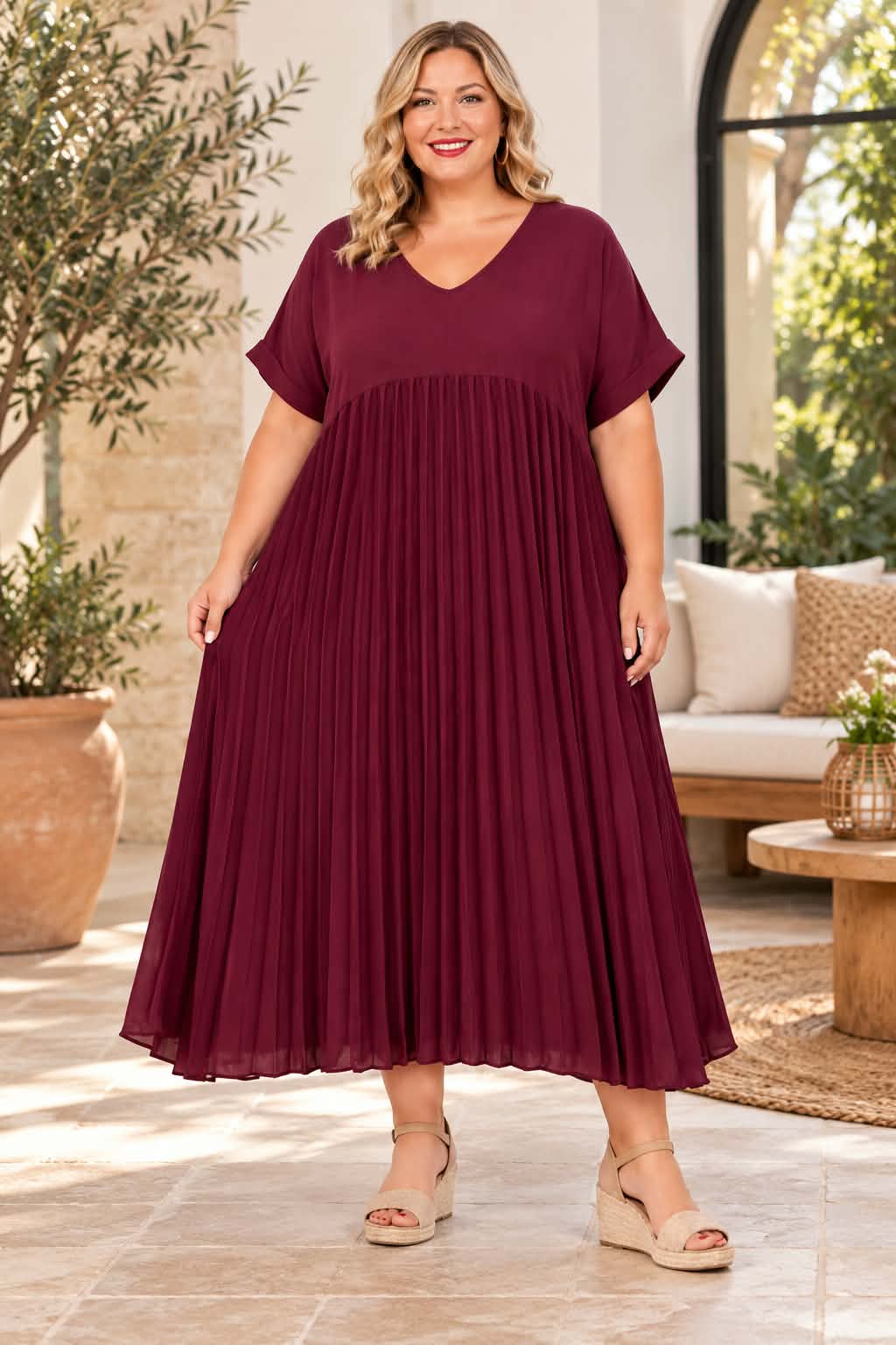 Robe Longue Plissée Col V Grande Taille